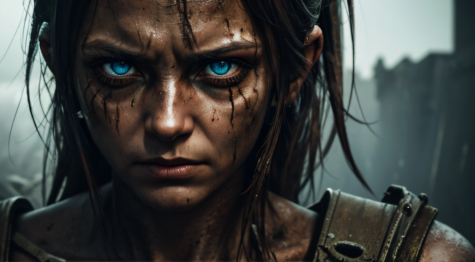 RAW photo, post-apocalyptic, close-up portrait photo of a SCARY WOMAN, eyes that have seen too much, battle-worn, intense color, (highly specific skin: 1.2), 8k uhd, dslr, soft lighting, high quality, grain film, Fujifilm XT3