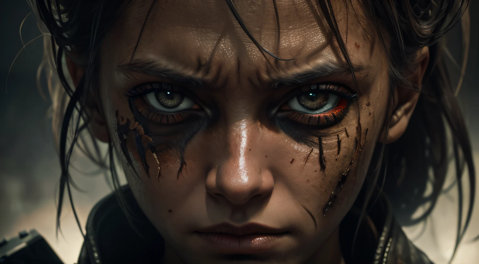 Award-winning photo from the waist up, ((best quality)), ((ultra res)), ((photorealistic)), (intricate details), portrait of a very poor woman with wrinkles and dirty details all over her body made with blood ambient darkness with a sword, dramatic, dark, sharp focus, 8K