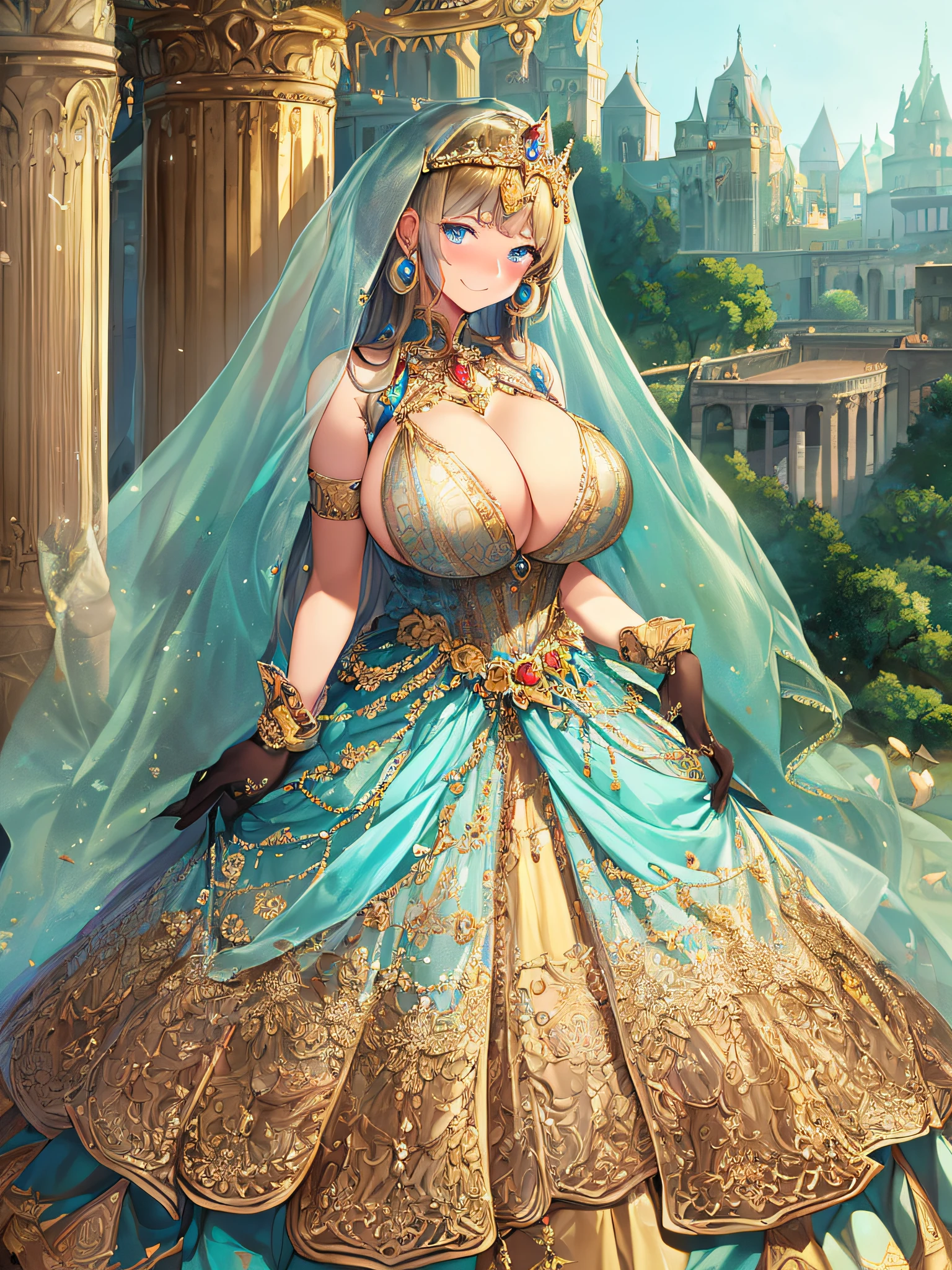 ((Anime Art Style)),(masutepiece),(Best Quality), (Super Detail),((Very delicate and beautiful)),((Full body portrait)),((Stand in the garden)),((Solo)),embarrassed,(((One princess in very gorgeous princess Rococo ballgown with voluminous full length hoop skirt))),(enormous Crinoline Hoop Skirt),Long Train,Gorgeous embroidery and jewelry,(((very gigantic boobs,Skindentation))),((large amount of straight hair,extremely voluminous Hair,Very Long Straight Hair)),(finely detailed face and eyes),((Seductive smile,embarrassed)),(extremely gorgeousfull hair ornament,very gorgeous tiara adorned with bling-bling jewels),Glitter Gorgeous Gemstone Jewelry,Gorgeous Long Veil,(opera gloves),(Beautiful background),(Full body),((gorgeous princess Rococo ballgown with voluminous full length hoop skirt)),