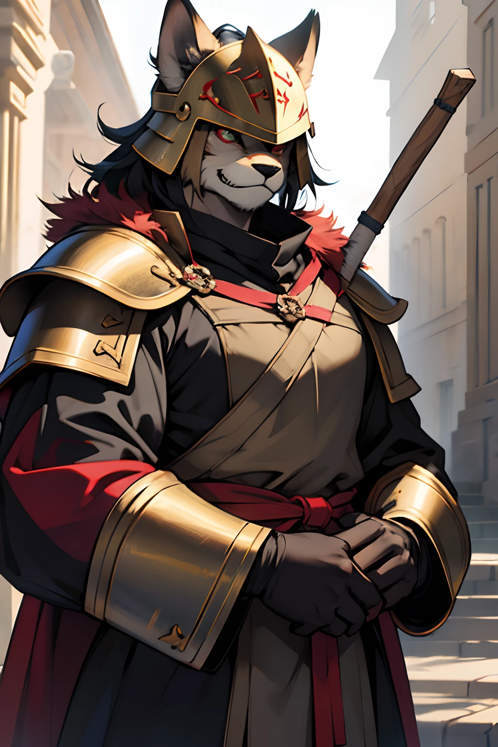 Guard Best Quality, tmasterpiece, extra high resolution, Detailed background, realisti, 独奏, ember, humanoid, heavy armor,, In the hand of a spear, Cool Helmet, The Face of the Beast, Furry, Guard's Outfit, Guardian's Attire, Guard, Medieval Guard, Medieval Guard Clothing , spearman, chaotic–neutral, , Horror \(subject\),Dark Fantasy, Good Guy , knave, Depth of field,
