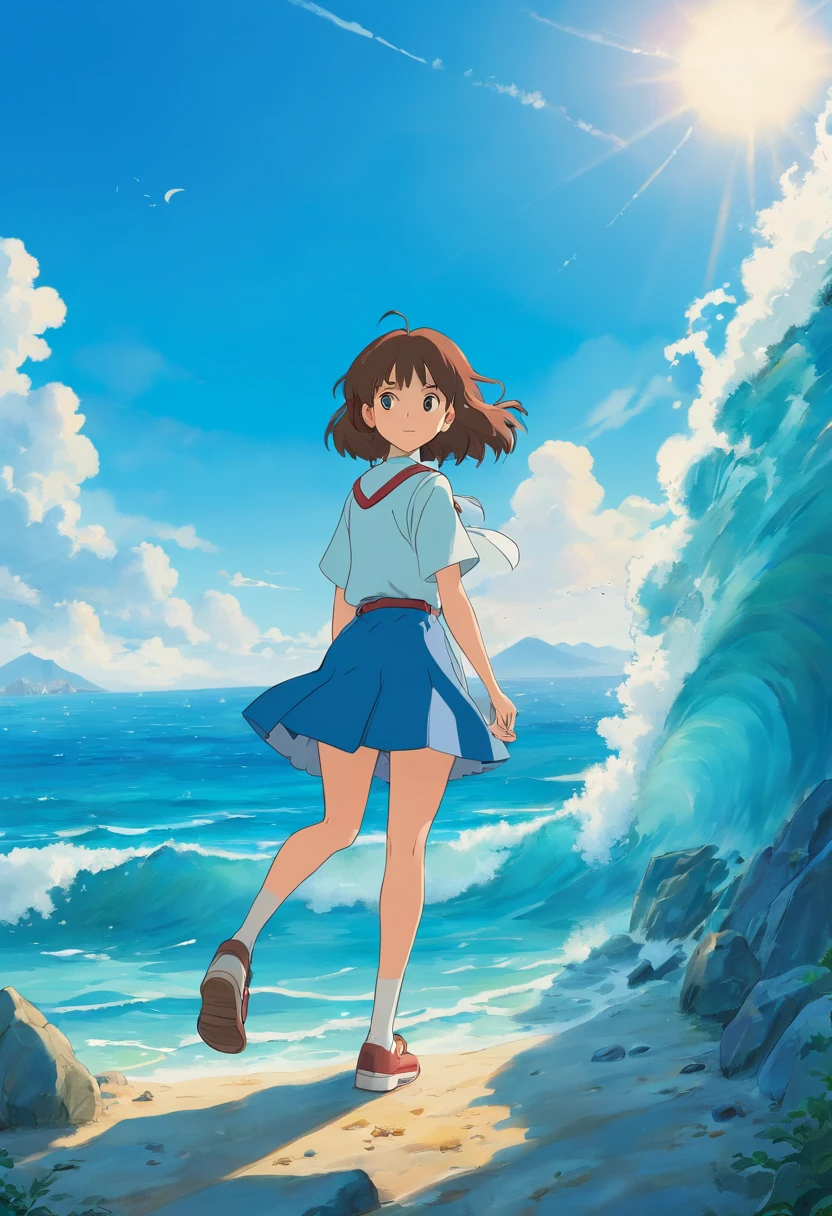 1 rapariga,Solo,Blue sky, ocean, Short skirt, (Very detailed background:1.0), (Highly detailed background:1.0),