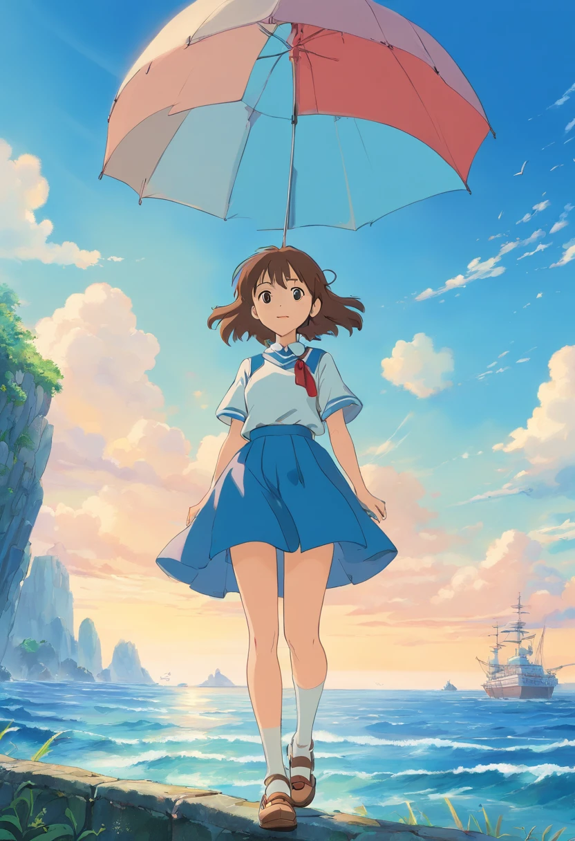 1 rapariga,Solo,Blue sky, ocean, Short skirt, (Very detailed background:1.0), (Highly detailed background:1.0),