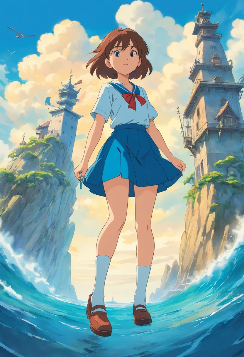 1 rapariga,Solo,Blue sky, ocean, Short skirt, (Very detailed background:1.0), (Highly detailed background:1.0),