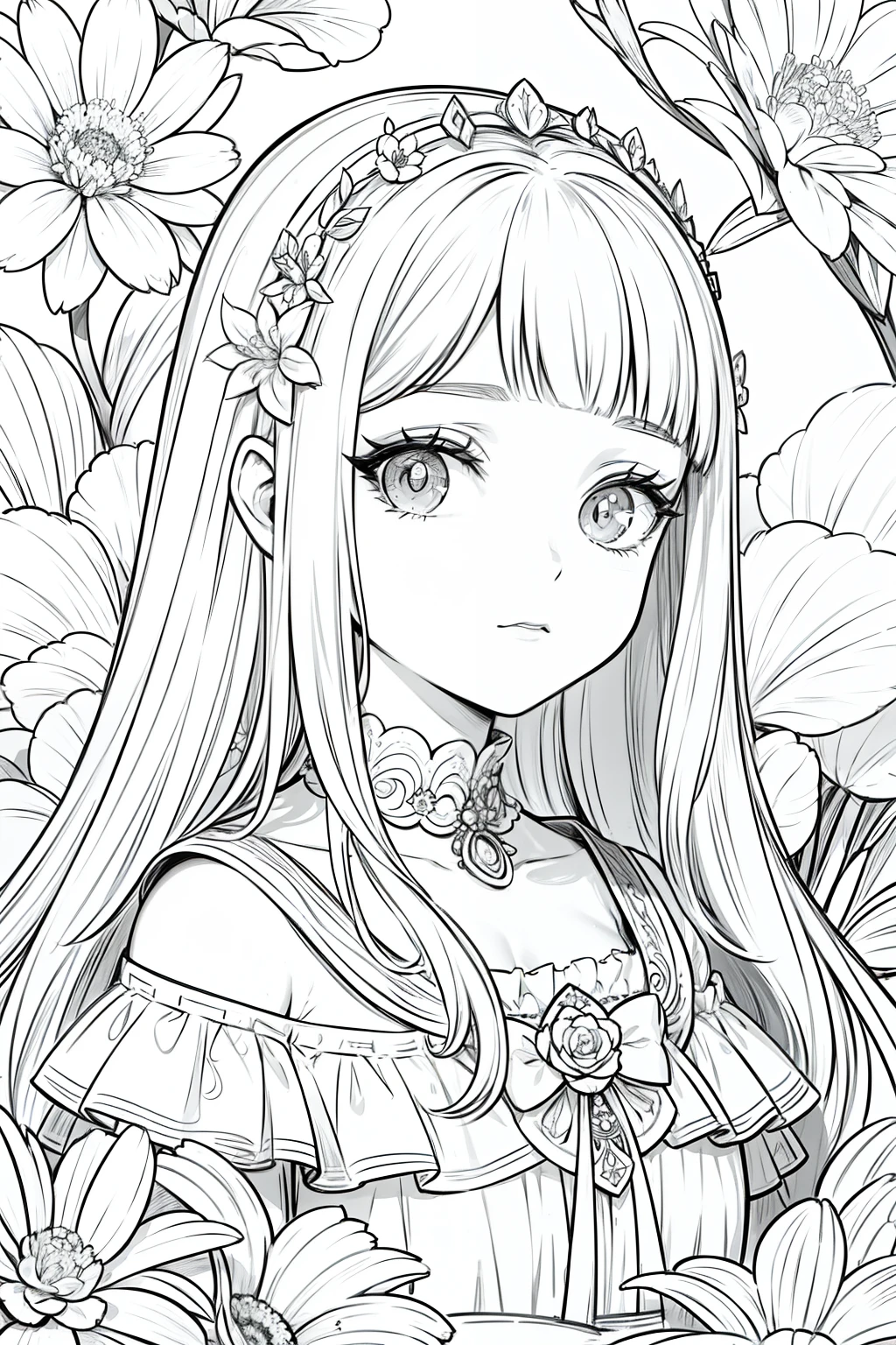 obra prima, superlativo, Bruxa jovem bonita, female , somente, Dia das Bruxas bonito , fundo do desenho da linha da flor, fundo branco, monocromatic, Desenho de linhas, ((esquete)), assustador, Gato branco com olhos brancos, Olhos brancos