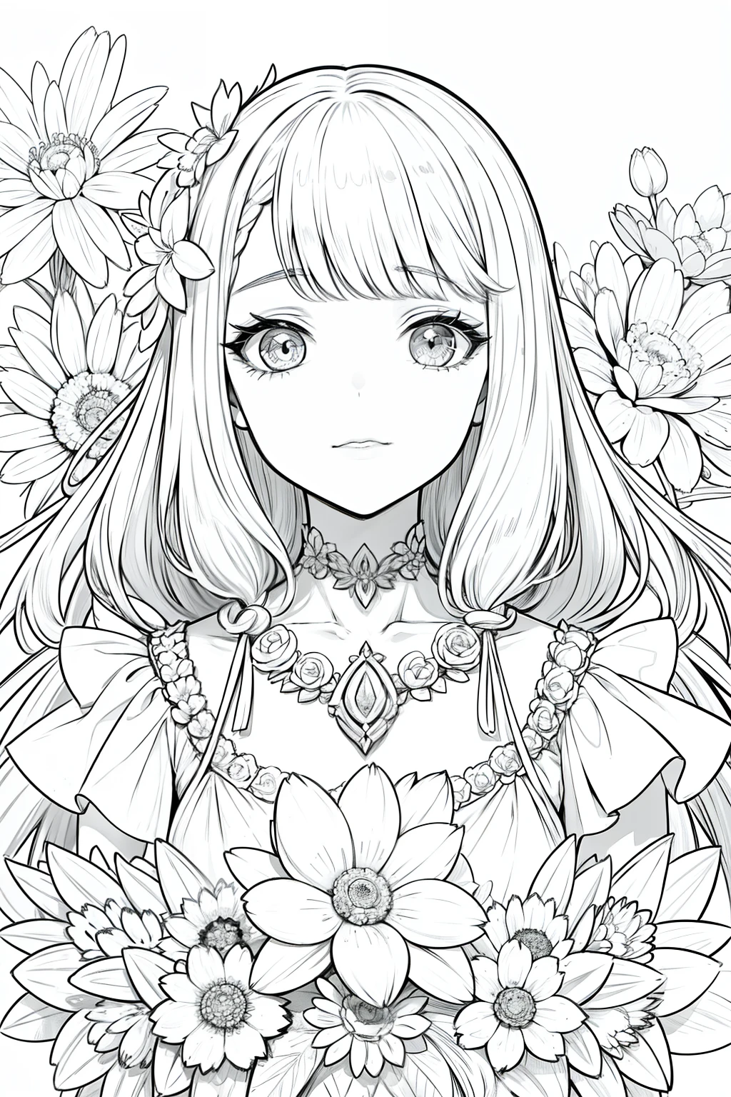 masterpiece, superlative, 1 girl , solo, bust closeup, big breast , flower line drawing background, white background, monochrome, line drawing, ((sketch))