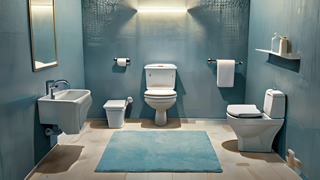 ((Masterpiece, hiquality, absurdress), (Masterpiece, Best Quality, hight resolution, Ultra-detailed), intricate detials, Modern Stylish Toilet, Hand washing sink, Mirror on the wall, Light walls, Light ceiling, Light floor, Large carpet on the floor, Without people, NOhumans, toilet paper, Towel
