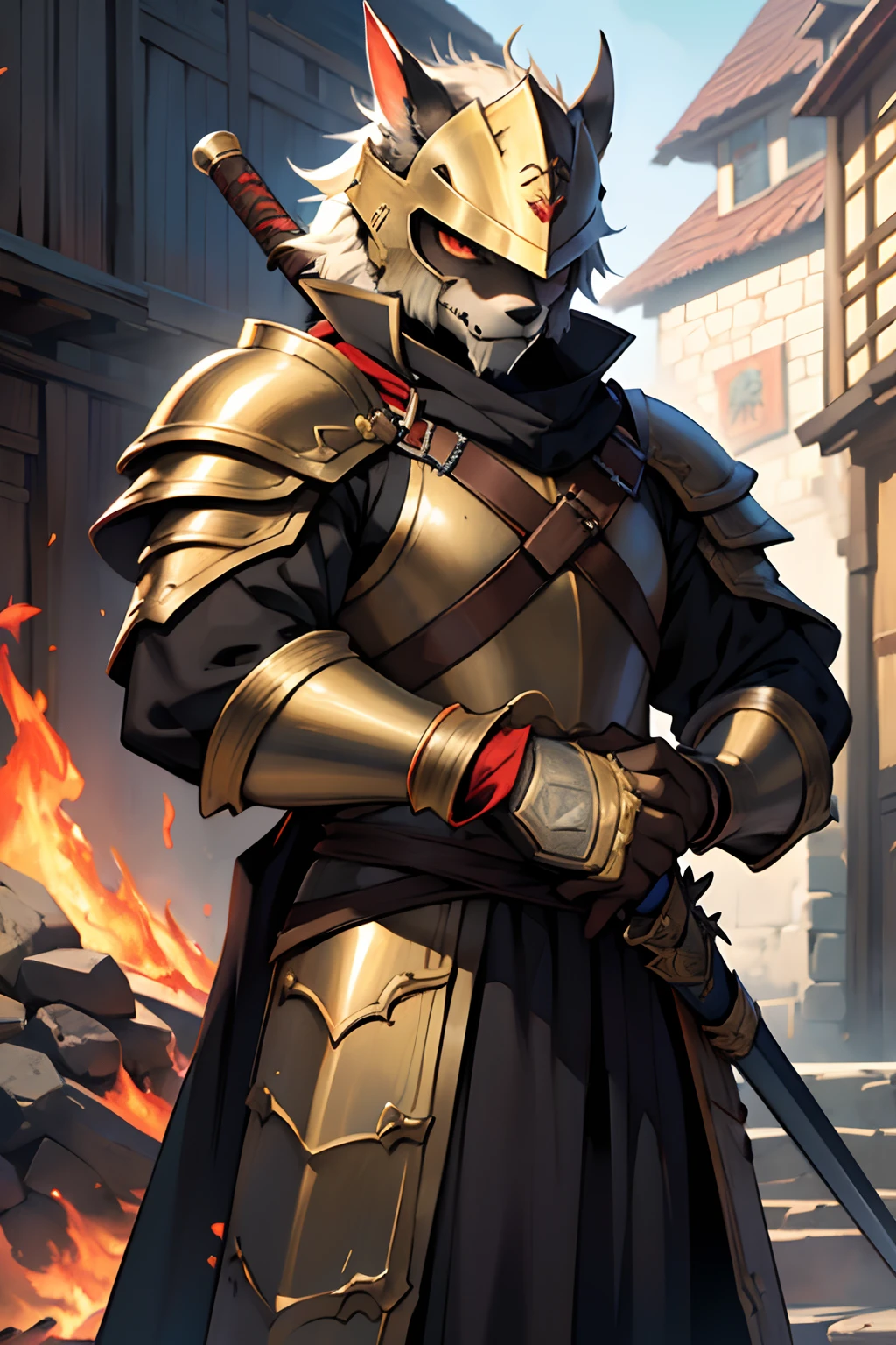 Guard Best Quality, tmasterpiece, extra high resolution, Detailed background, realisti, 独奏, ember, humanoid, heavy armor,, In the hand of a spear, Cool Helmet, The Face of the Beast, Furry, Guard's Outfit, Guardian's Attire, Guard, Medieval Guard, Medieval Guard Clothing , spearman, chaotic–neutral, , Horror \(subject\),Dark Fantasy, Good Guy , knave, Depth of field,