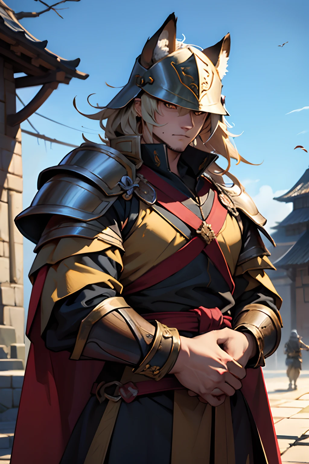 Guard Best Quality, tmasterpiece, extra high resolution, Detailed background, realisti, 独奏, ember, humanoid, heavy armor,, In the hand of a spear, Cool Helmet, The Face of the Beast, Furry, Guard's Outfit, Guardian's Attire, Guard, Medieval Guard, Medieval Guard Clothing , spearman, chaotic–neutral, , Horror \(subject\),Dark Fantasy, Good Guy , knave, Depth of field,