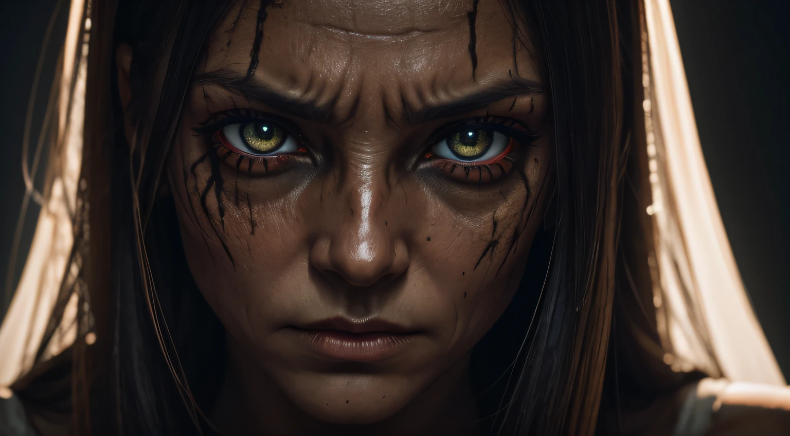 RAW photo, close-up portrait photo of a SCARY WOMAN, eyes that have seen too much, battle-worn, intense color, (highly specific skin: 1.2), 8k uhd, dslr, soft lighting, high quality, grain film, Fujifilm XT3