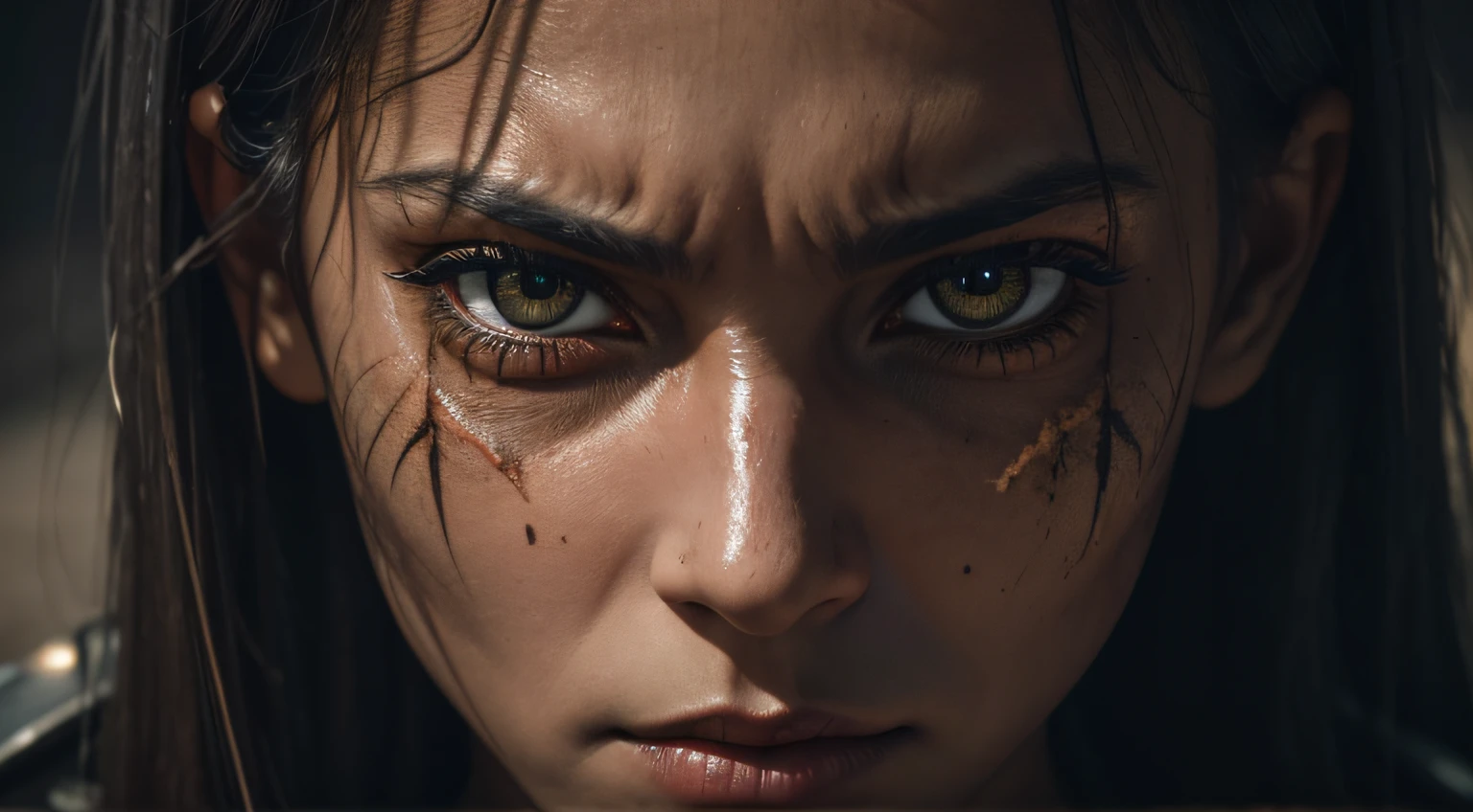 RAW photo, close-up portrait photo of a SCARY WOMAN, eyes that have seen too much, battle-worn, intense color, (highly specific skin: 1.2), 8k uhd, dslr, soft lighting, high quality, grain film, Fujifilm XT3