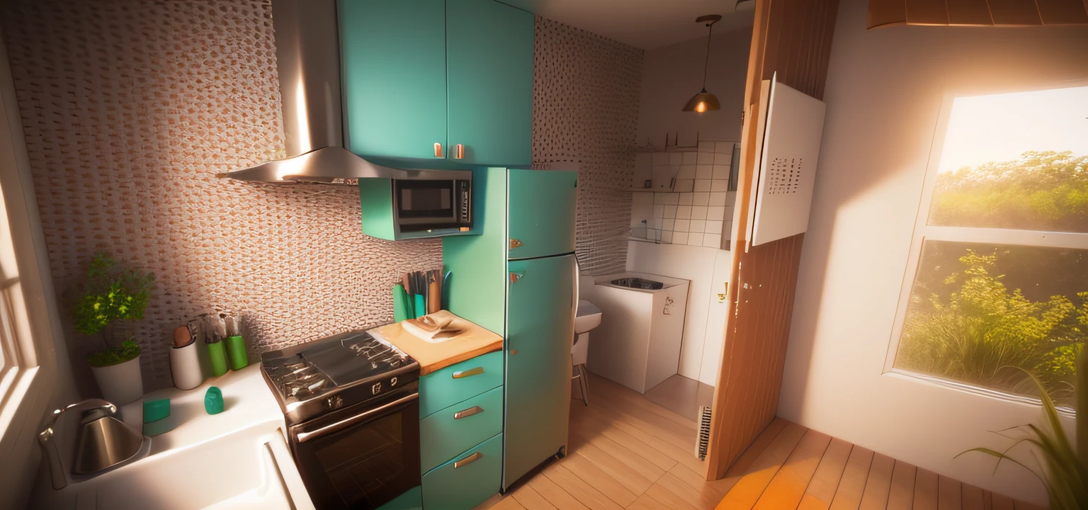 vista para uma cozinha com pia, stove, micro-ondas e pia, renderizar 3 d, 3d final render, Final 3D rendering, 3 drender, 3D-rendering, 3D-rendering, 3D-rendering, 3D rendering, 3D-rendering, 3D-rendering!, 3D rendering!, cozinha pequena, vue 3d render, Conceito 3D