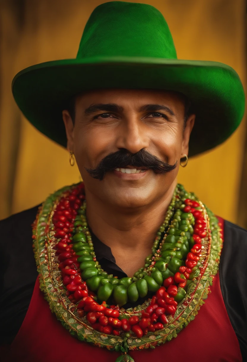 somente uma chilli, pimenta, vermelha, realista alto brilho, caule verde, with funny face, mexican style hat