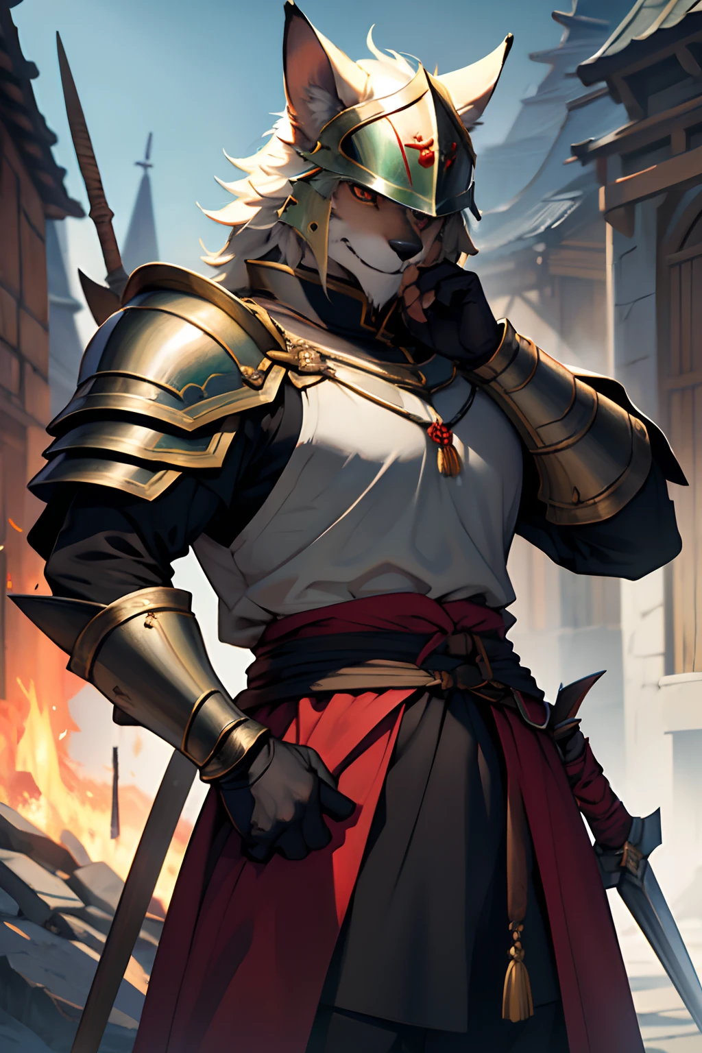 Guard Best Quality, tmasterpiece, extra high resolution, Detailed background, realisti, 独奏, ember, humanoid, heavy armor,, In the hand of a spear, Cool Helmet, The Face of the Beast, Furry, Guard's Outfit, Guardian's Attire, Guard, Medieval Guard, Medieval Guard Clothing , spearman, chaotic–neutral, , Horror \(subject\),Dark Fantasy, Good Guy , knave, Depth of field,