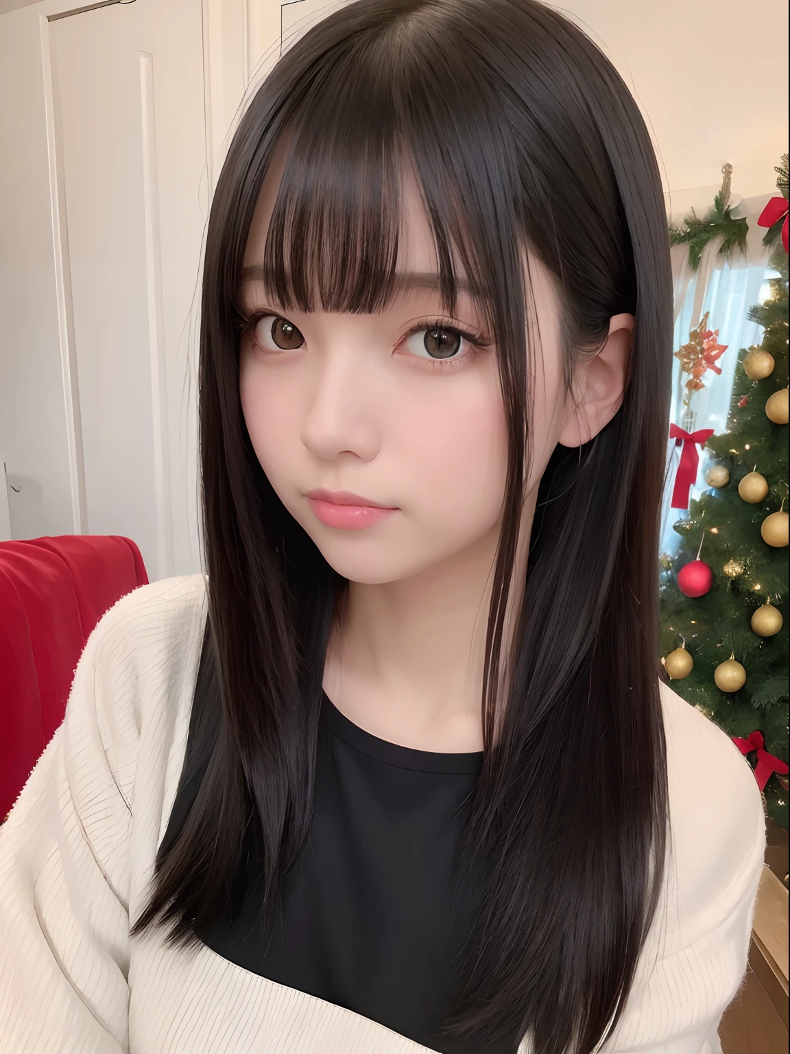 masterpiece, best quality,1girl, solo, black hair, realistic, long hair, black eyes, Christmas crop, bangs, bedroom, soft smile, closed mouth, upper body, hime cut