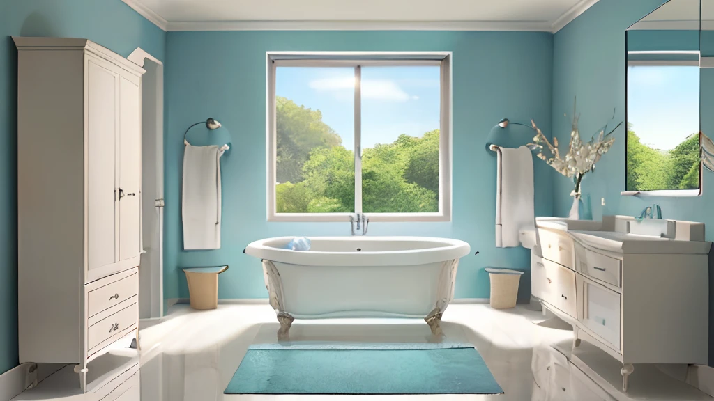 ((Masterpiece, hiquality, absurdress), (Masterpiece, Best Quality, hight resolution, Ultra-detailed), intricate detials, Modern stylish bathroom with large bathtub, A sink with a mirror above it, restroom, Light walls, Light ceiling, Light floor, Large carpet on the floor, clothes dryer, bathrobe, Towel, Towel shelf, toothbrush and toothpaste, Children's bathing circle, Flower on the windowsill, Without people, NOhumans,
