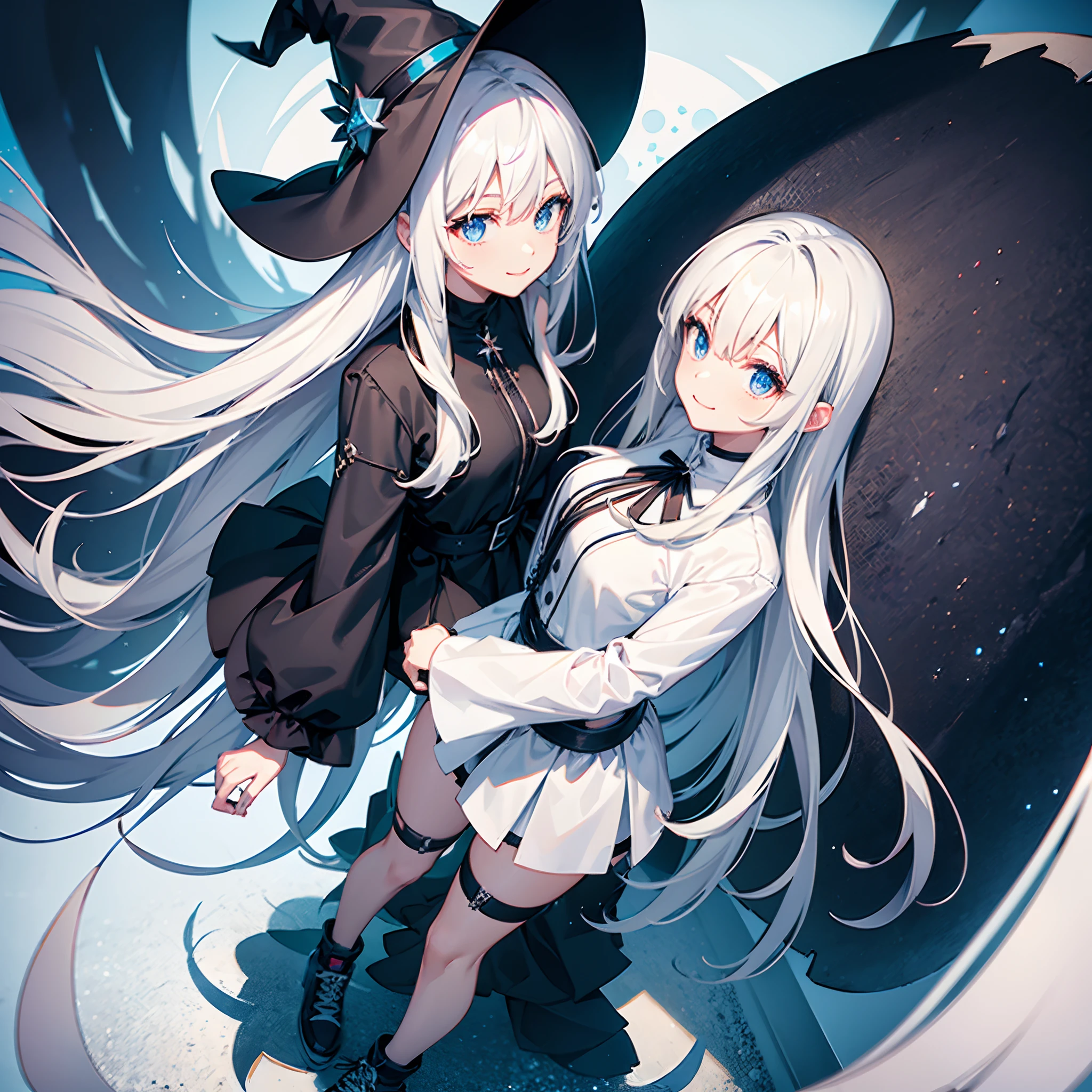A mystical otherworldly half-timber town、Standing Girl、Black coat、white t-shirt、a black skirt、beautiful thigh、Beautiful calves、White bob hair with blue-purple mesh、Looking at me with a smile、Black sneakers with white shoelaces、Large witch hat with sapphire accessories、Dark brown eyes with highlights、On a hilltop with a panoramic view of the town
