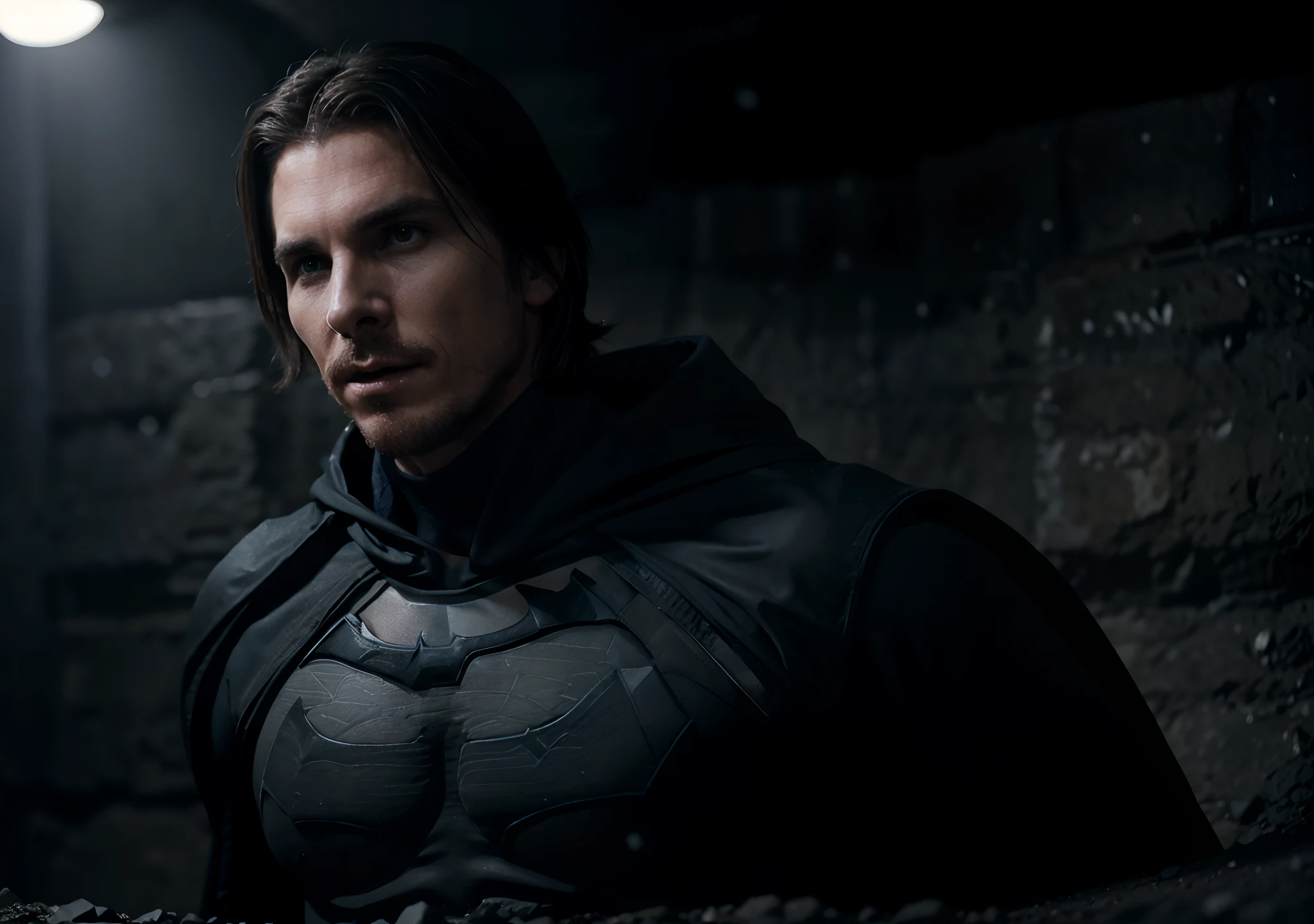 actor Christian Bale, in Batman costume, in the cave, night, 4k, cinematic, ultra realistic, frontal