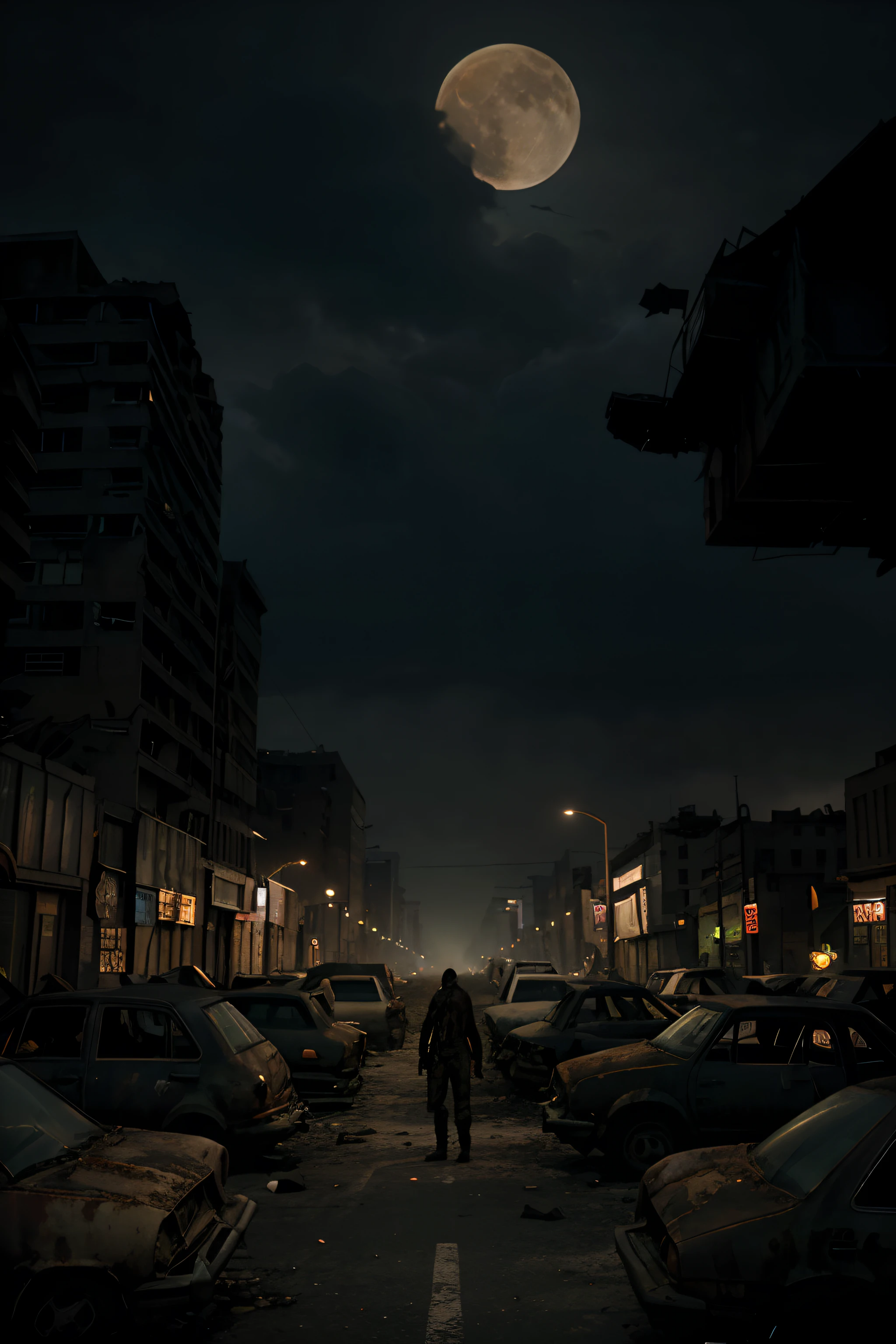 The Zombie Apocalypse: Find yourself in the midst of a post-apocalyptic city overrun by hordes of zombies. Buildings are in ruins, and abandoned cars scatter the streets. The moon hangs low in the sky, casting an eerie pallor over the undead masses as they shuffle through the darkness.