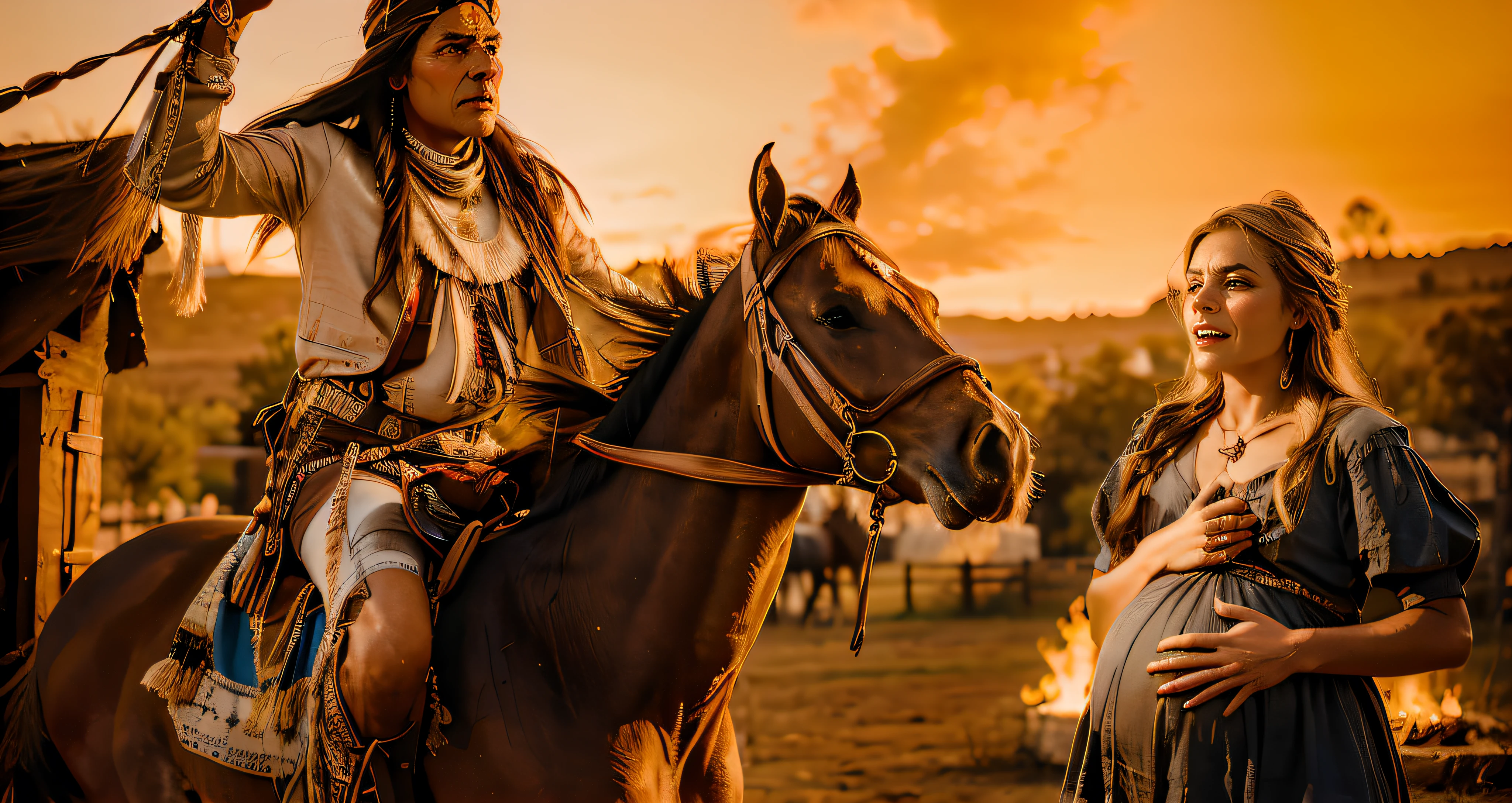indio comanche em cima de um cavalo , with a pregnant blonde european woman on the floor , gritando de medo
