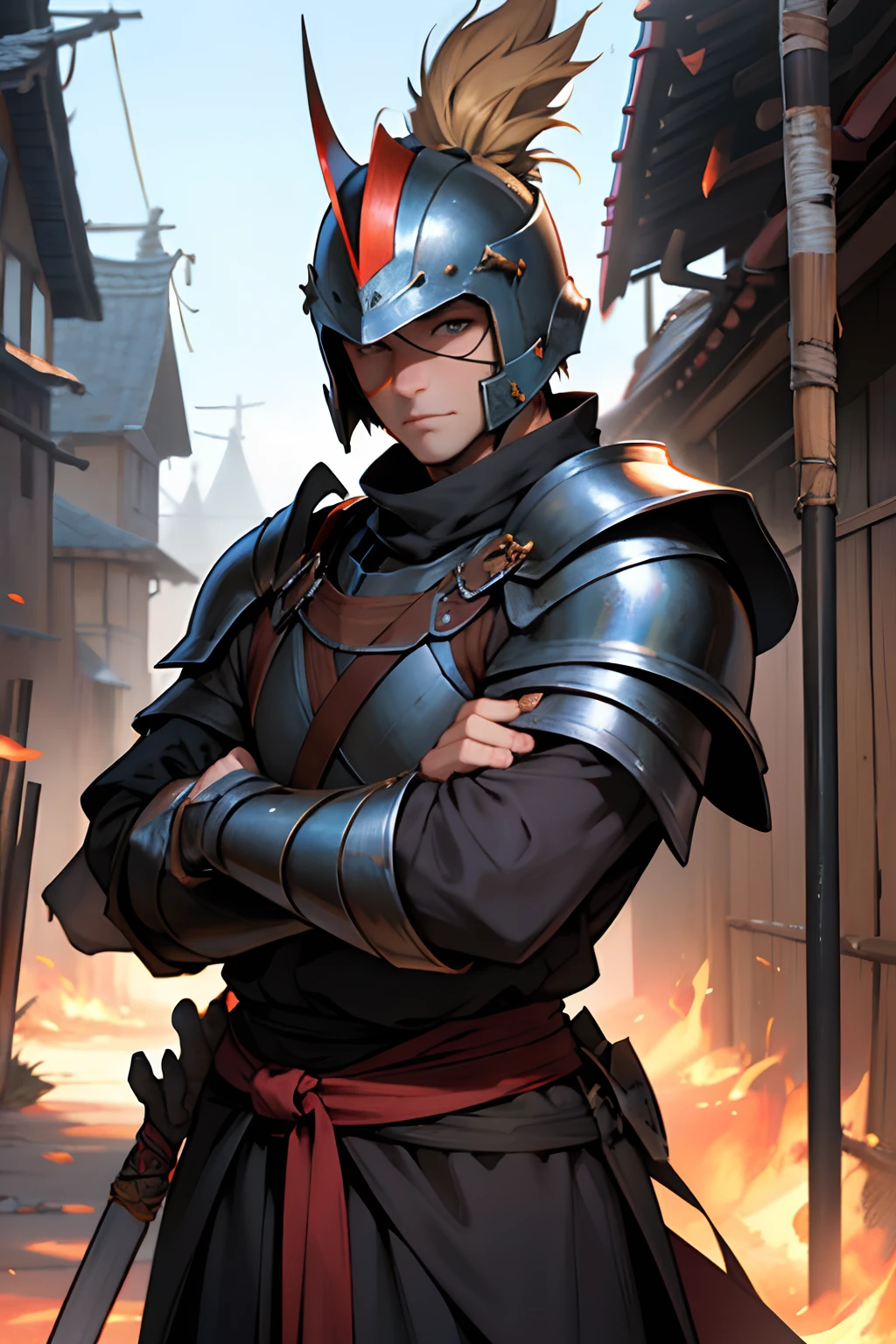 Guard Best Quality, tmasterpiece, extra high resolution, Detailed background, realisti, 独奏, ember, humanoid, heavy armor, In the hand of a spear, Cool Helmet, Guard's Outfit, Guardian's Attire, Guard, Medieval Guard, Medieval Guard Clothing , spearman, chaotic–neutral, , Horror \(subject\),Dark Fantasy, Good Guy , knave, Depth of field,
