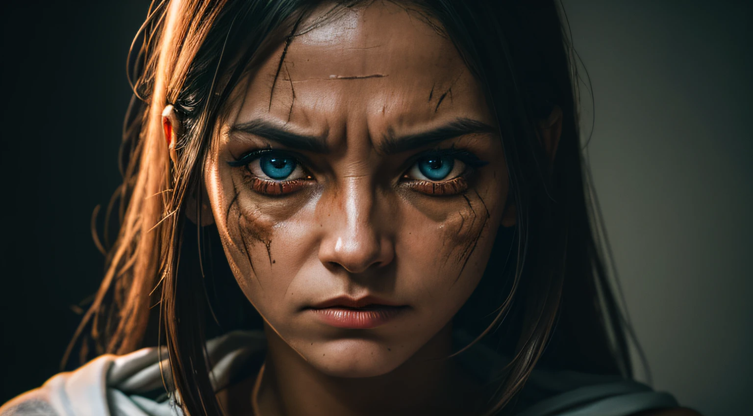 RAW photo, portrait photo of a SCARY WOMAN, eyes that have seen too much, battle-worn, intense color, (highly specific skin: 1.2), 8k uhd, dslr, soft lighting, high quality, grain film, Fujifilm XT3