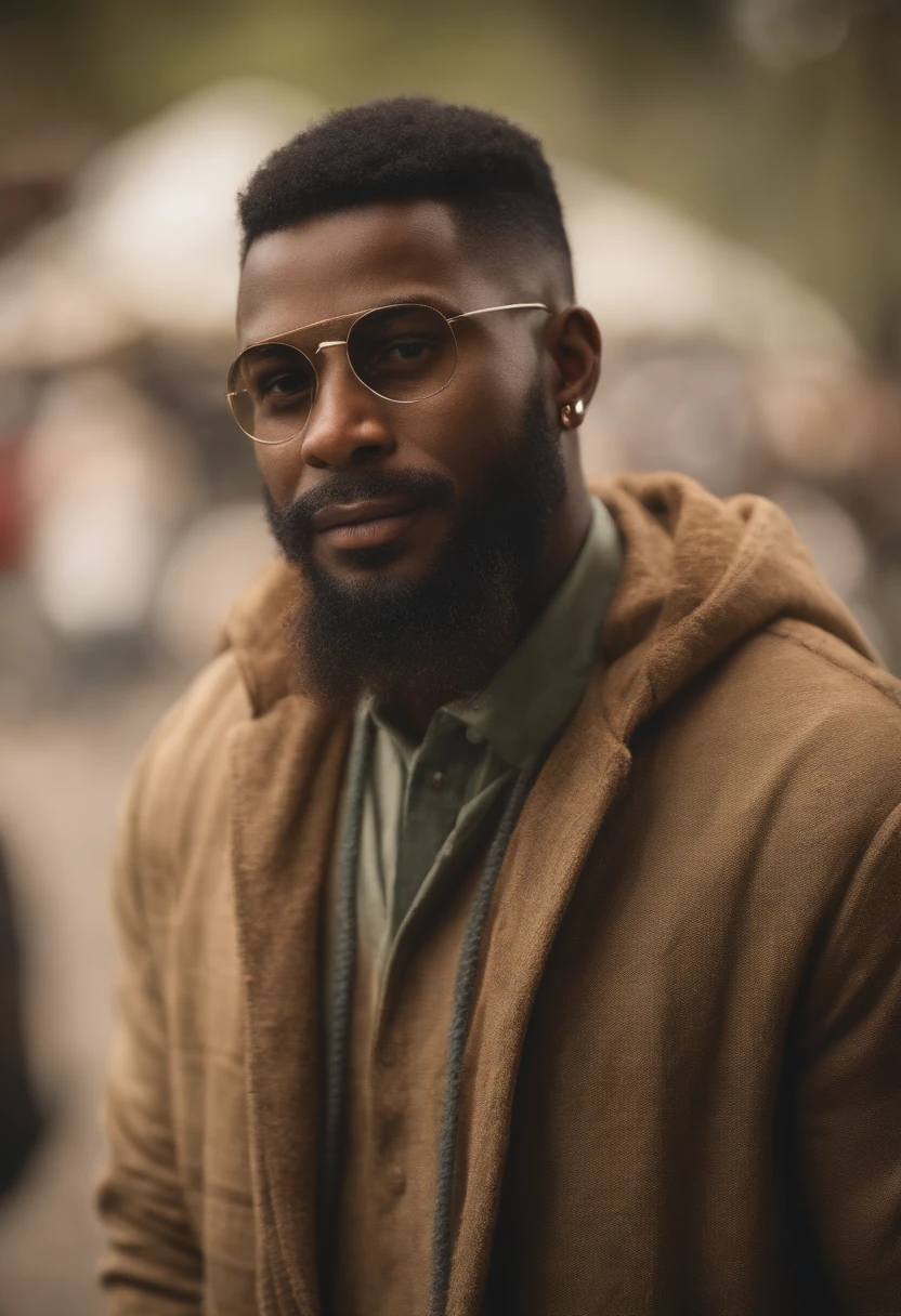 Black male, full body, Um jovem, Homem, best quality, alta qualidade, high resolution), realista, ultra-detalhado, highly detailed face features, realistic lighting and reflections, highly detailed face features, melhor foto,high-quality illustration, hippie, Feliz, ao fundo uma floresta, tatuagens, olhos verdes, barba curta, cabelos curtos, sorrindo, pose pra foto