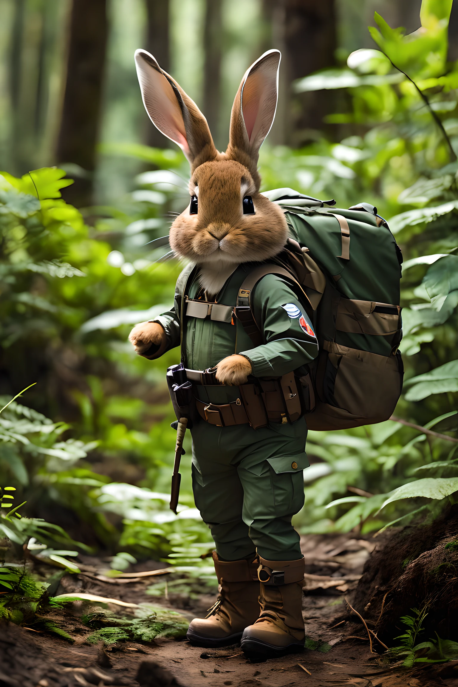 1 cute rabbit, explorer's outfit, jungle, trail, standing, straight-on, serious, map, direction of advance, trees, vegetation, unknown world, bravery