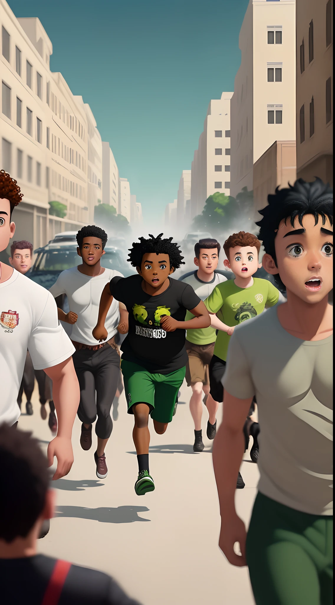 Make a animated movie poster that includes 3 people ( a black ??? with black hair, a white fat ??? with brown hair, and a skinny white kidwith black hair) running away from a crowd of clones that are brown skinned males with extremely curly green hair. Make sure to include a destroyed car in the background or somewhere in the poster