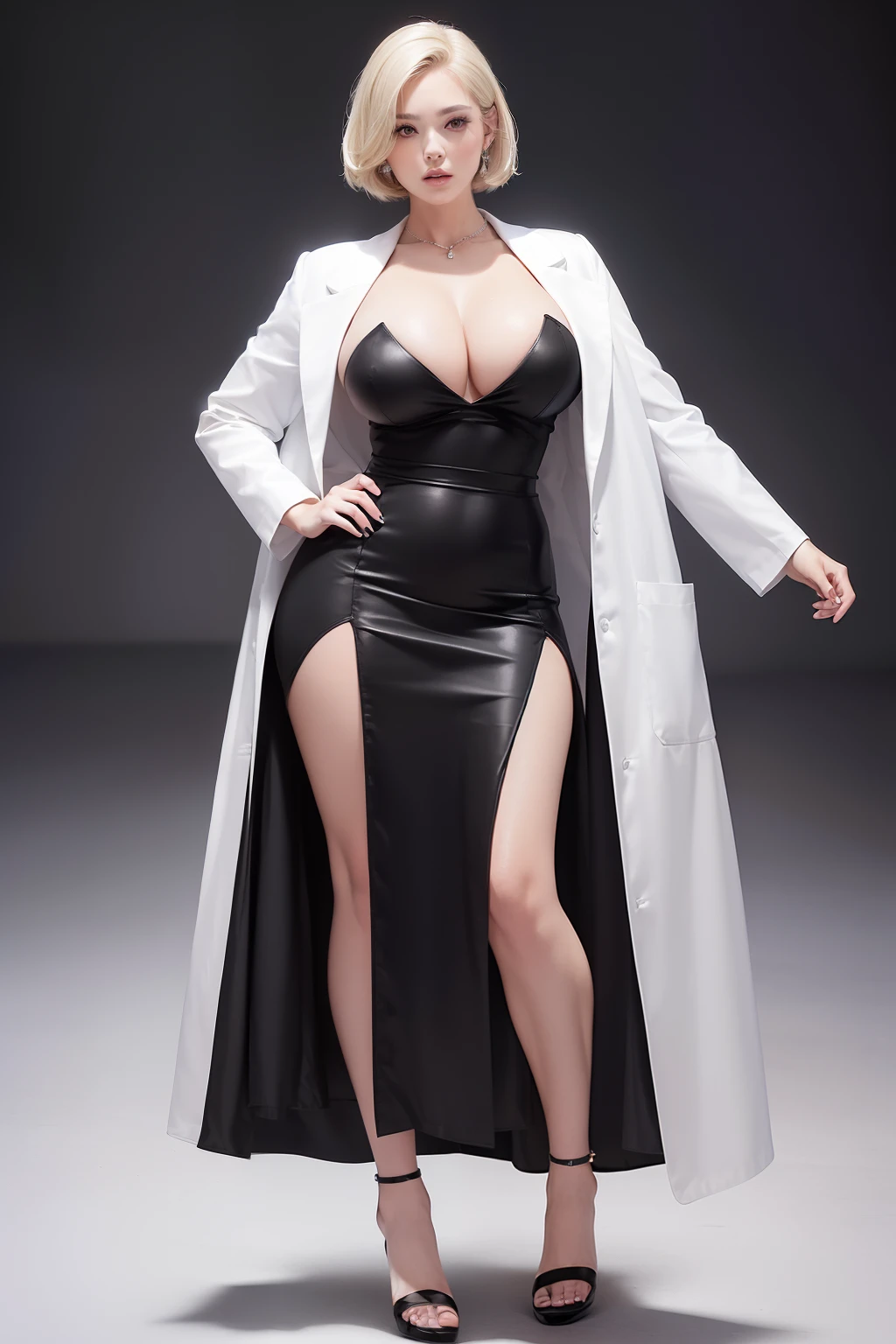((masterpiece, best quality, ultra-detailed, ultra-HD, photorealistic, cinematic)), ((wide camera shot, full body view:1.5)), (sensual pose:1.4), (perfect anatomy, perfect face, large cleavage, proportioned hands), ((perfect hands)), (alluring and voluptuous female as a medical doctor, 28 years old), (chic blonde bob cut:1.3), (wearing a white lab coat:1.5), (wearing formal black dress:1.4), (wearing a diamond stud earrings:1.2), ((dynamic background))