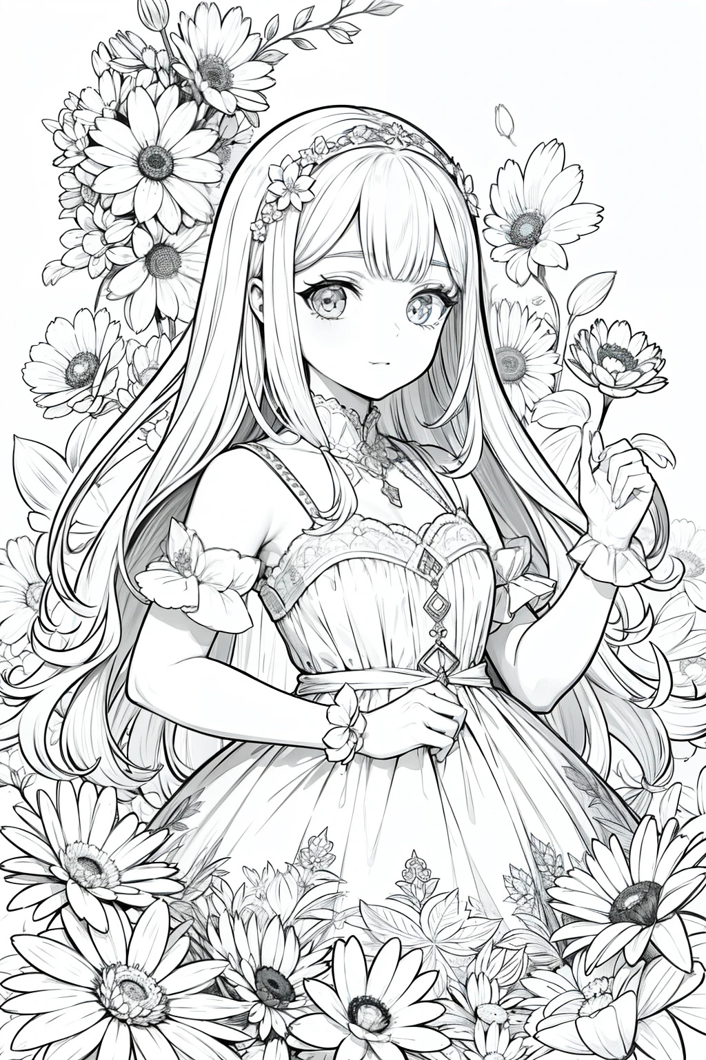 obra prima, superlativo, Bruxa jovem bonita, female , somente, Dia das Bruxas bonito , fundo do desenho da linha da flor, fundo branco, monocromatic, Desenho de linhas, ((esquete)), assustador, Gato branco com olhos brancos, Olhos brancos