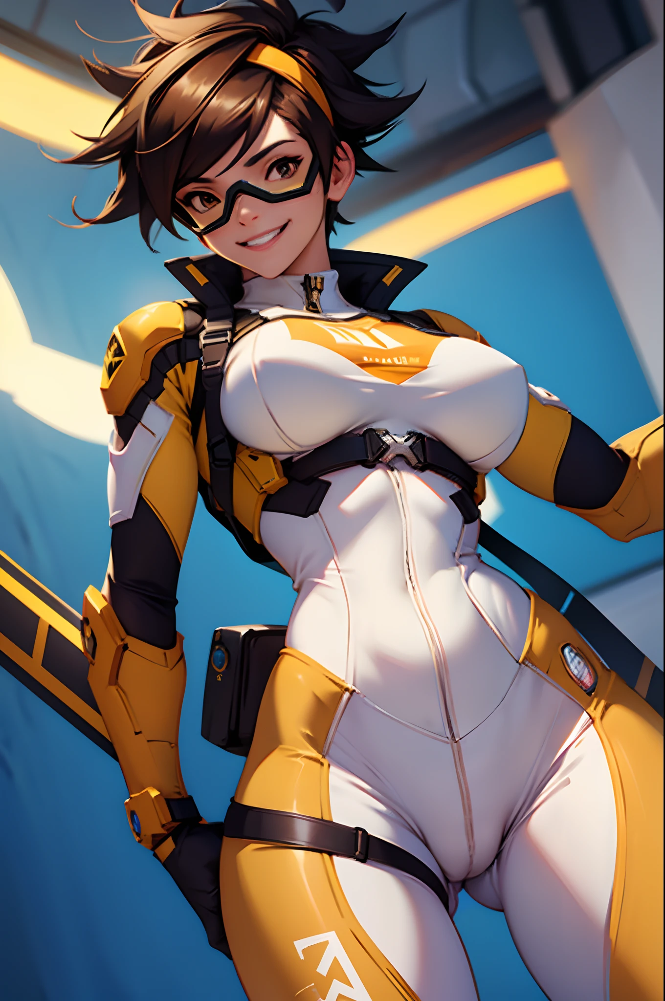 Beautiful, Camel toe, maximum resolution, 8k, renderizado, Mulher cosplaying Tracer de Overwatch, Wearing tight clothes and smiling at the camera. alta qualidade, technological scenario.