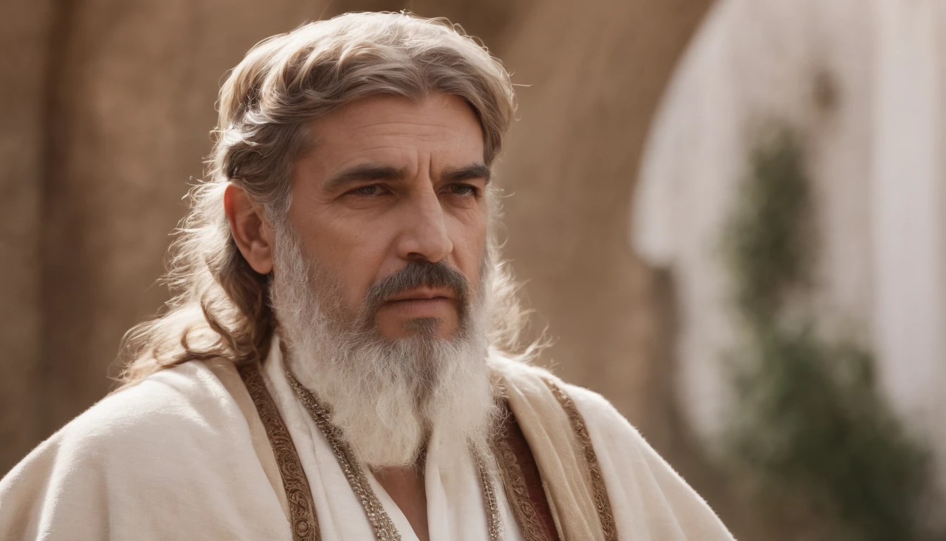 "Portrait of a wise and imposing man, de 40 anos, magro, barbudo e com cabelos grisalhos, with a serious expression and an air of experience, acompanhado de suas esposa e duas filhas. highes definition. Inspiration of ancient Greek man."