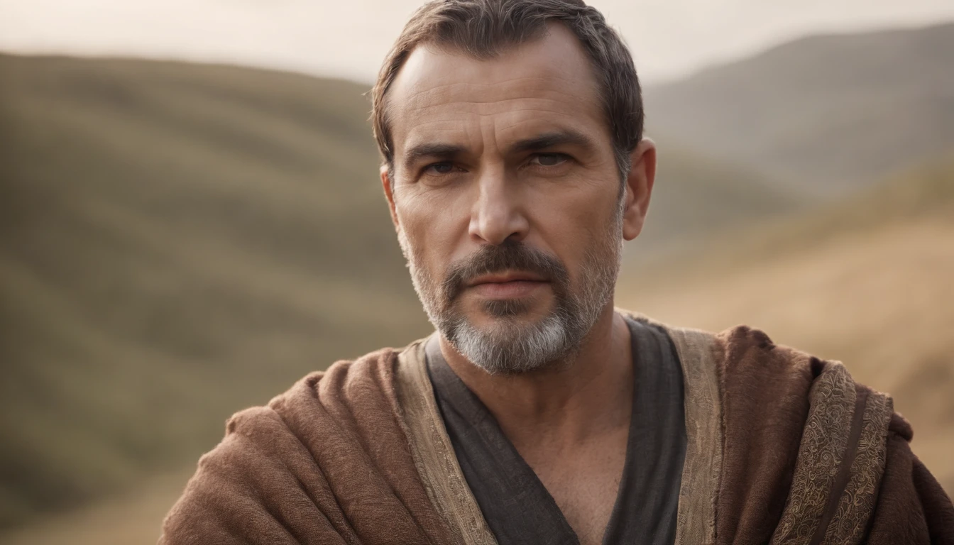 "Portrait of a wise and imposing man, de 40 anos, magro, barbudo e com cabelos grisalhos, with a serious expression and an air of experience, acompanhado de suas esposa e duas filhas. highes definition. Inspiration of ancient Greek man."