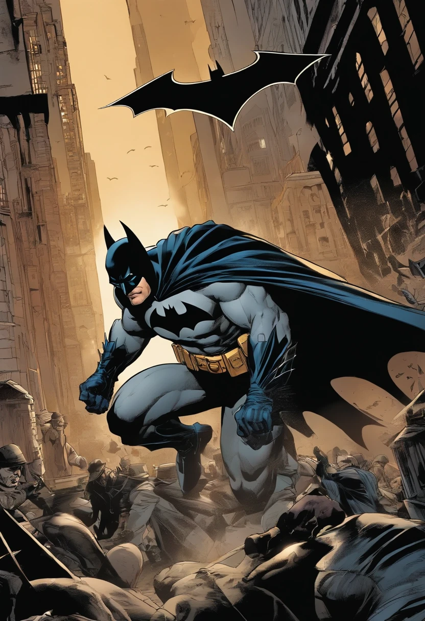 a high-quality HQ-style (comic book) scene featuring Batman in action in the shadows of Gotham City, with emphasis on impressive details