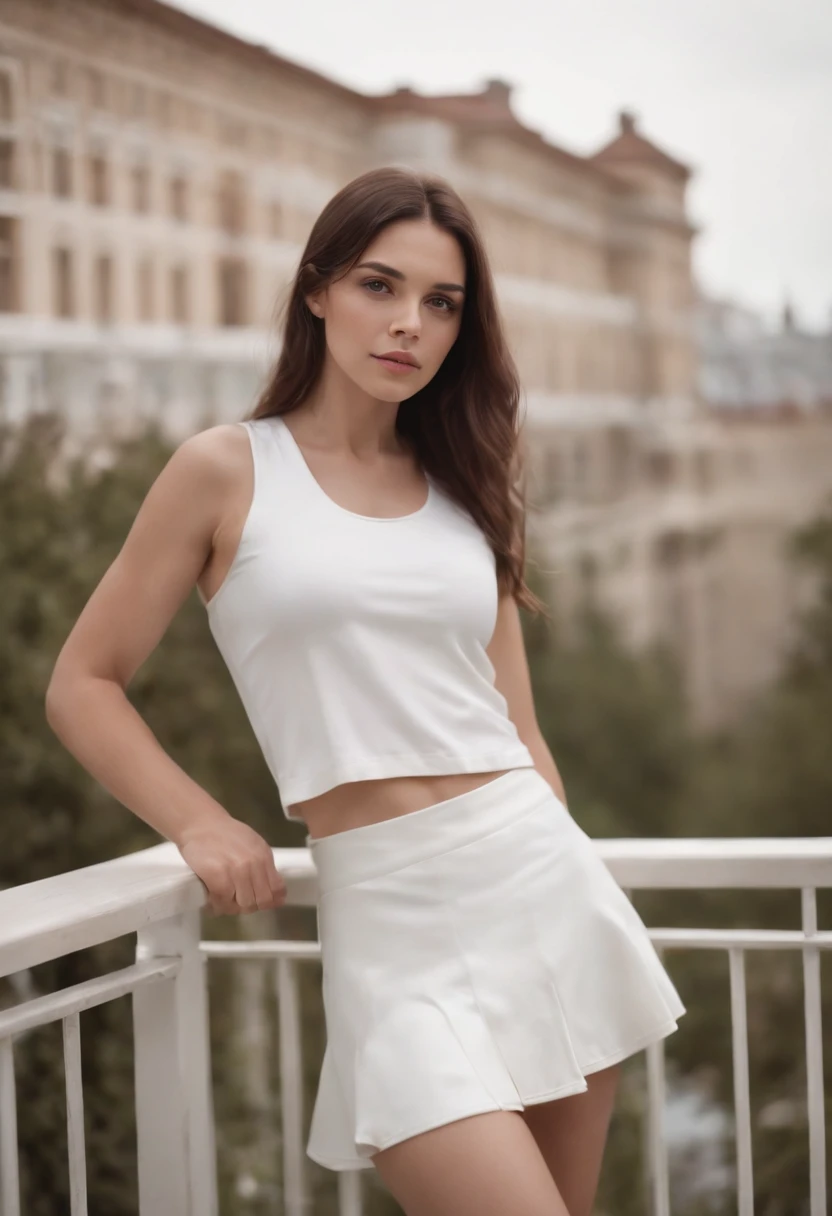 a woman in white tennis skirt on a balcony, in the style of thin brunette inspire, dark white and dark amber, beautiful women, multiple flash, solapunk, asymmetry, seapunk --ar 51:64