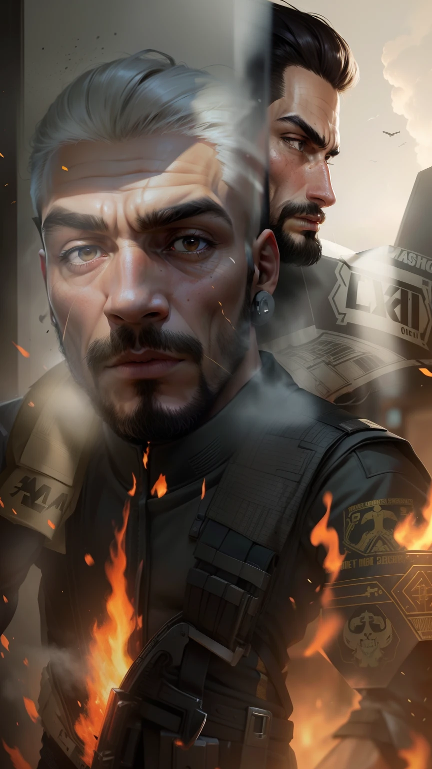 Um tiro de corpo inteiro, ((candid shot)), Special Operations, Soldado, ((cabelo grande)), call of duty, Tecnologia de ponta, ((rosto detalhado)), (((Man, strong features, olhar determinado, distopia , Nuca, macho))), (((sharp jaw))), ((facial hair)), HDR, hyper realistic, rugas, corpo em forma, incrivelmente detalhado, Antecedentes complexos, fire, sujo