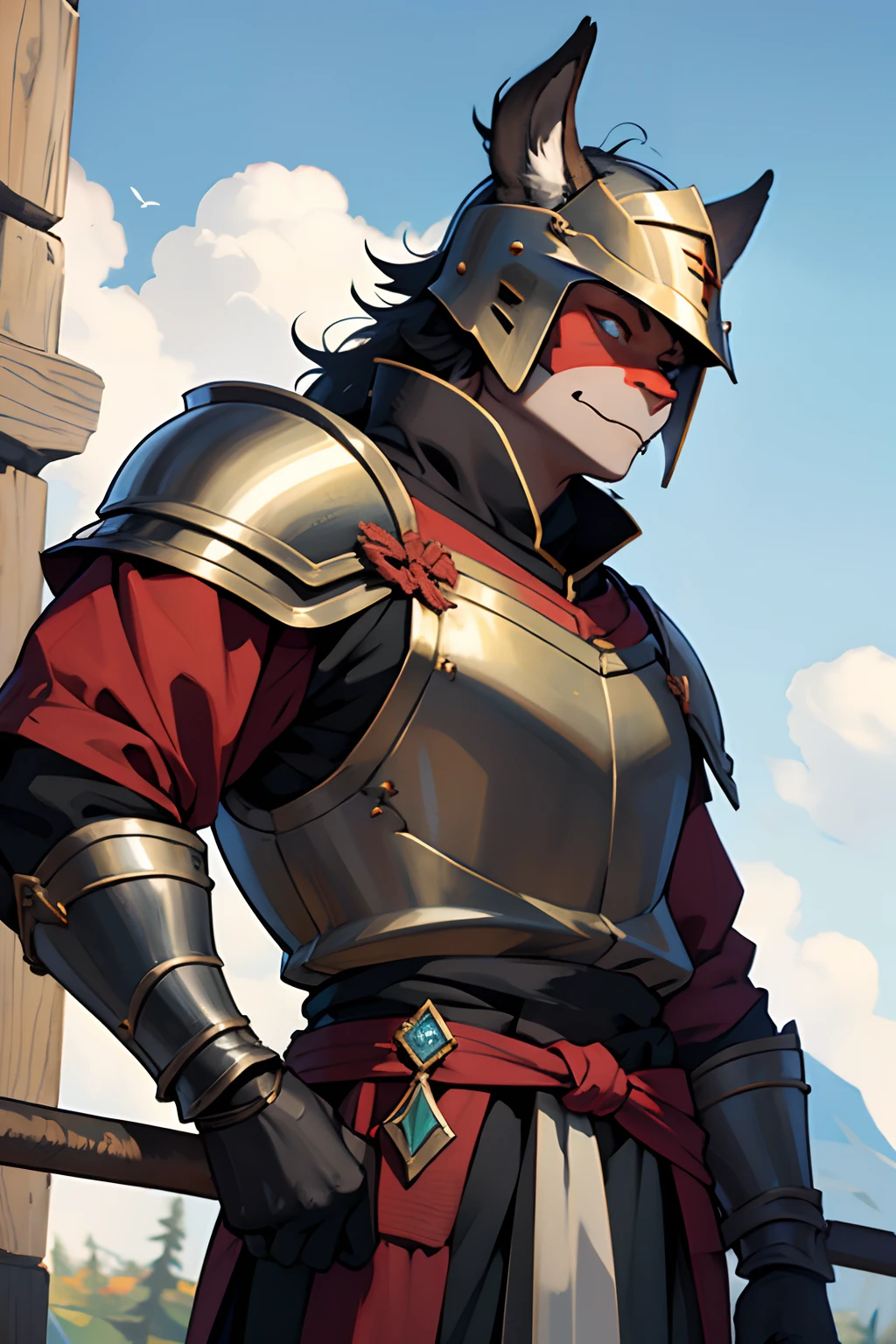 Guard, 独奏, ember, humanoid, heavy armor,, In the hand of a spear, Cool Helmet, The Face of the Beast, Furry, Guard's Outfit, Guardian's Attire, Guard, Medieval Guard, Medieval Guard Clothing , spearman ,Dark Fantasy.