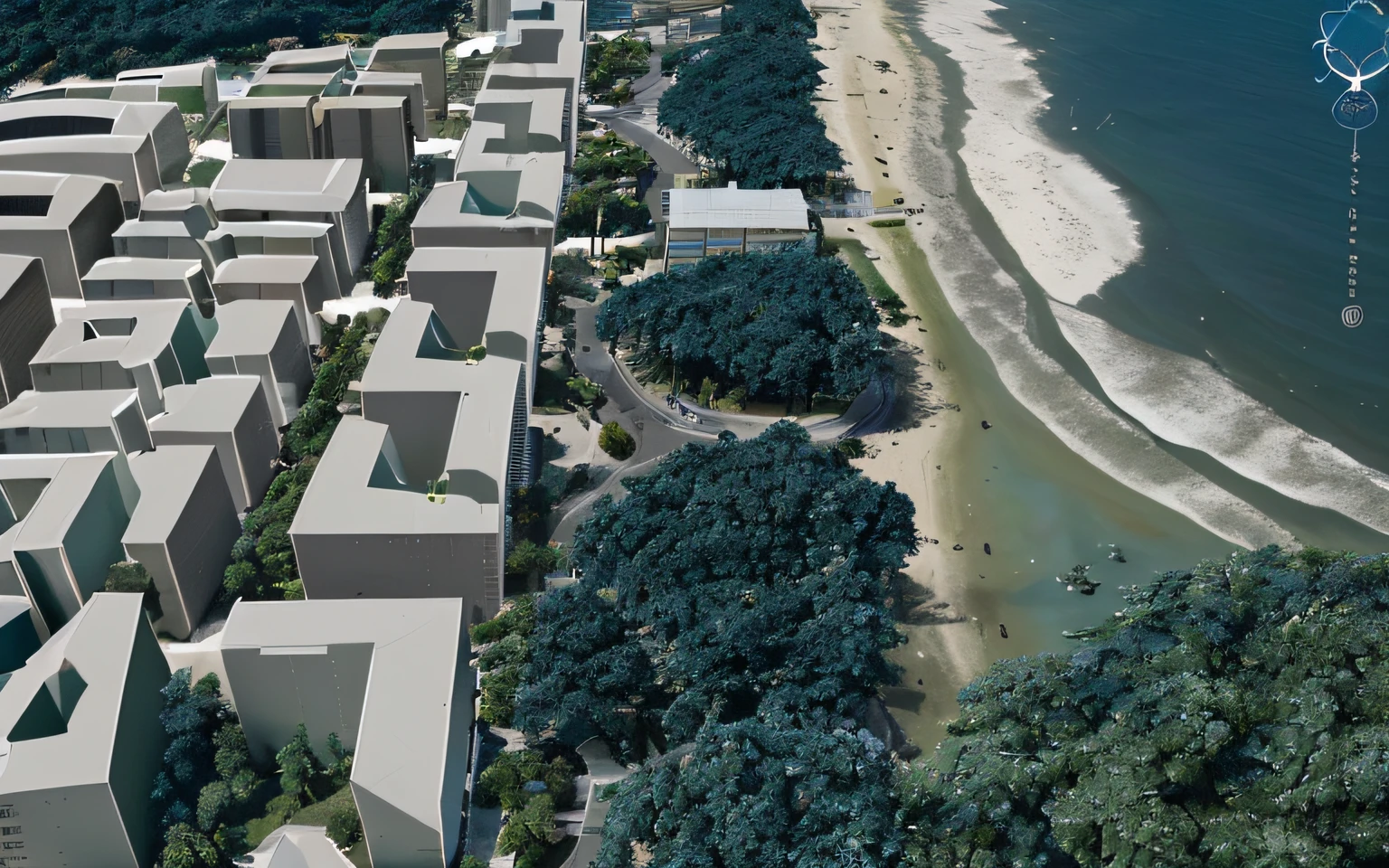 Generate an image of a seaside city where buildings are depicted in shades of gray, while natural and sustainable elements are highlighted in bright colors. Highlight the city's tall, modern buildings, todos em tons de cinza, to emphasize its presence in the urban landscape. Em contraste, Highlight the eco-friendly elements, como parques, jardins, Environmental Preservation Areas, solar panels, Wind turbines and other sustainable solutions with vibrant colors. Ensure that the city conveys the message of an effective balance between urban development and the preservation of the coastal environment.