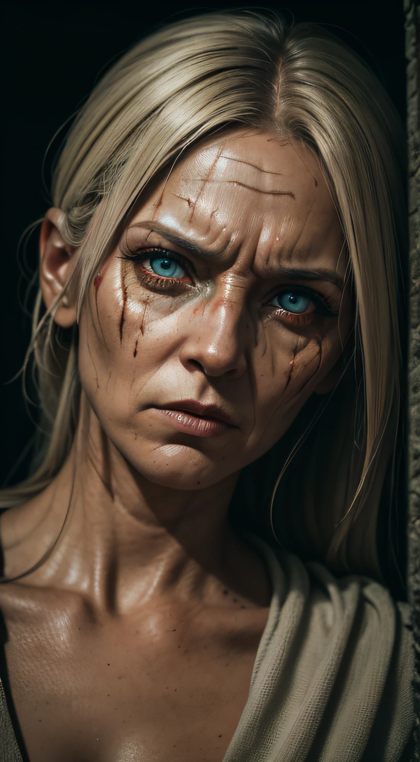 RAW photo, portrait photo of a SCARY WOMAN, eyes that have seen too much, battle-worn, intense color, (highly specific skin: 1.2), 8k uhd, dslr, soft lighting, high quality, grain film, Fujifilm XT3