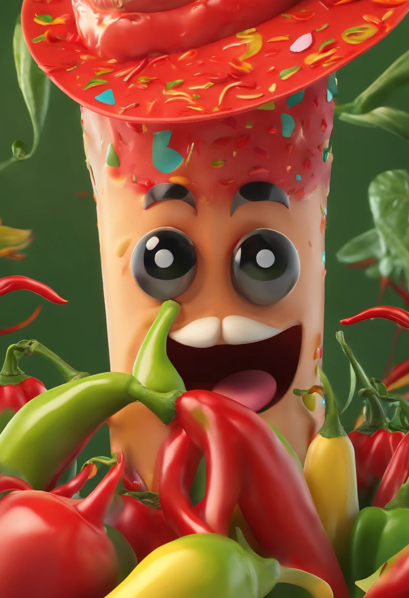 somente uma chilli, pimenta, vermelha, realista alto brilho, caule verde, with funny face, mexican style hat