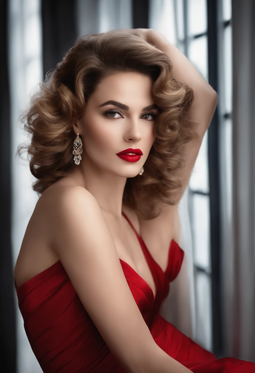 sexy pose of a Classic Hollywood glamour ultra hot sexy girl:1.2 , full waist up pose , upper knees pose , wearing off shoulder half-opened red evening gown:1.2 , dazzling accessories, (captivating eyes, red lips, flawless skin), luxurious backdrop, velvet curtains, dramatic pose, expose arms , armpit , interesting composition, spotlight illumination, rich shadows, detail skin texture , sparkling bokeh, exquisite details, high-resolution, 35mm film, timeless elegance, natural blurry, spread legs:1.2, dark blonde_short hair