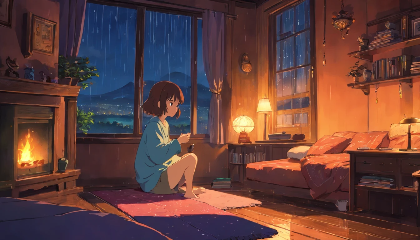 Girl sitting listening to music in a cozy room at night raining, Usando fones de ouvido, Anime estilo 2D, Lo-fi, cama, Ambiente escuro