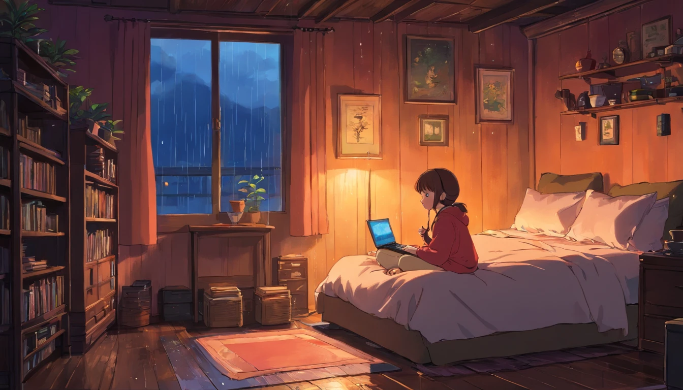 Girl sitting listening to music in a cozy room at night raining, Usando fones de ouvido, Anime estilo 2D, Lo-fi, cama, Ambiente escuro