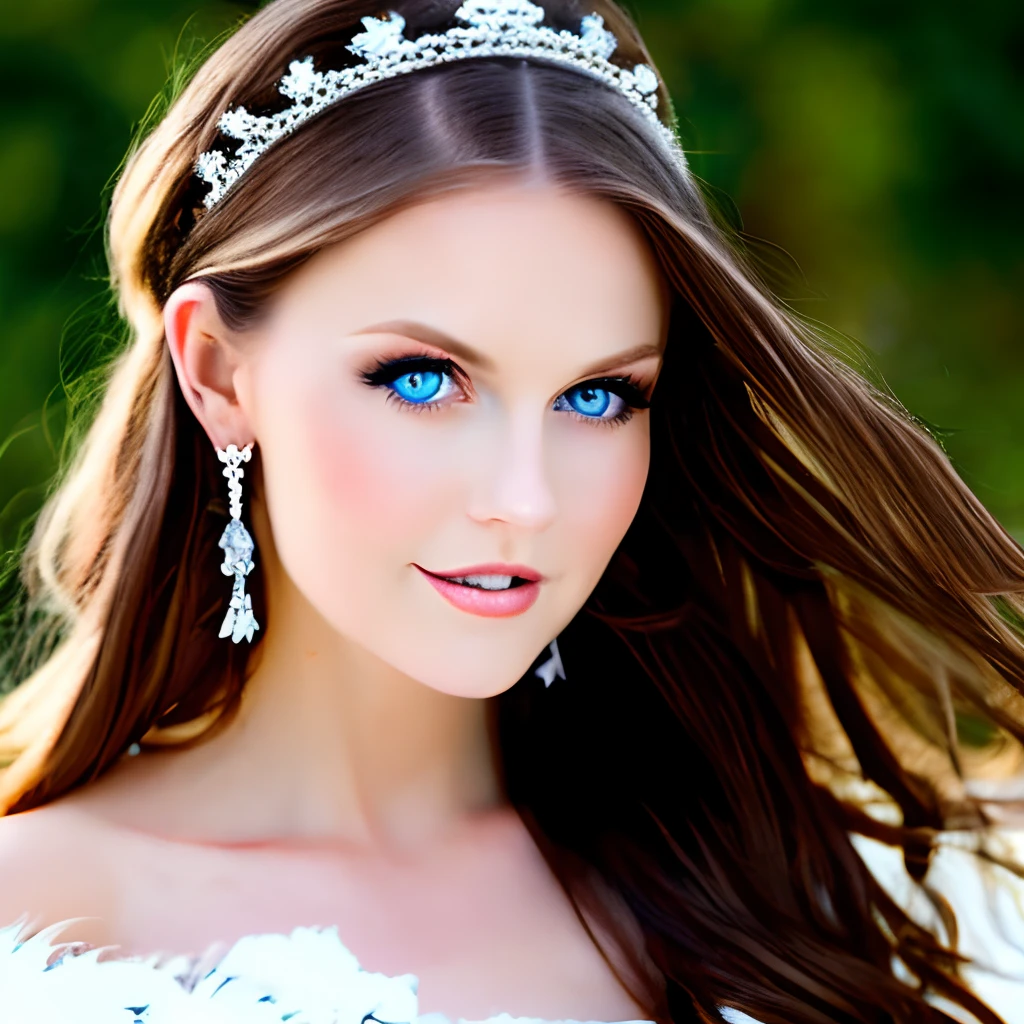 Woman with brown hair, blue eyes, white dress, queen, ice