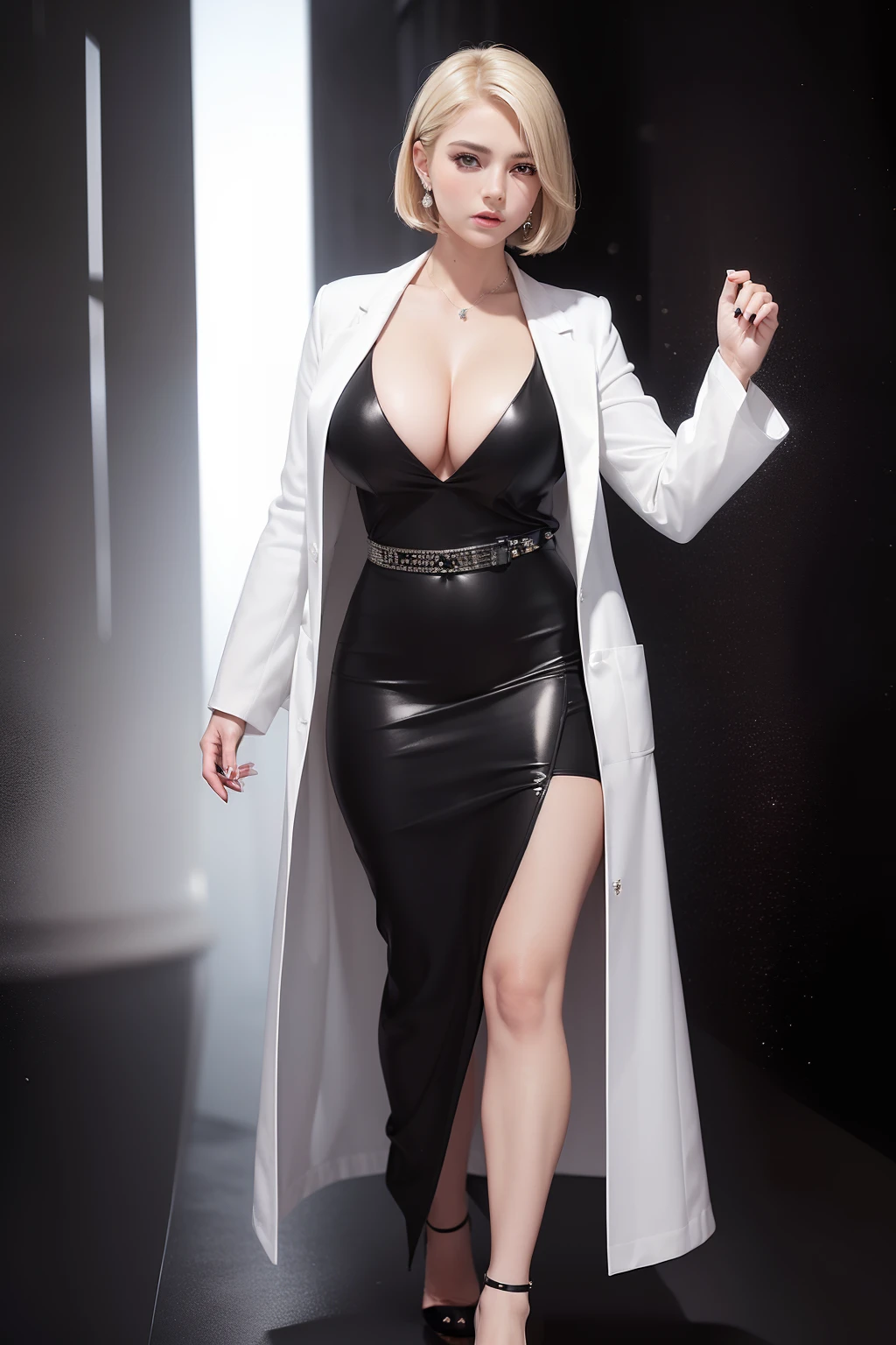 ((masterpiece, best quality, ultra-detailed, ultra-HD, photorealistic, cinematic)), ((wide camera shot, full body view:1.5)), (sensual pose:1.4), (perfect anatomy, perfect face, large cleavage, proportioned hands), ((perfect hands)), (alluring and voluptuous female as a medical doctor, 28 years old), (chic blonde bob cut:1.3), (wearing a white lab coat:1.5), (wearing formal black dress:1.4), (wearing a  diamond stud earrings:1.2), ((dynamic background))