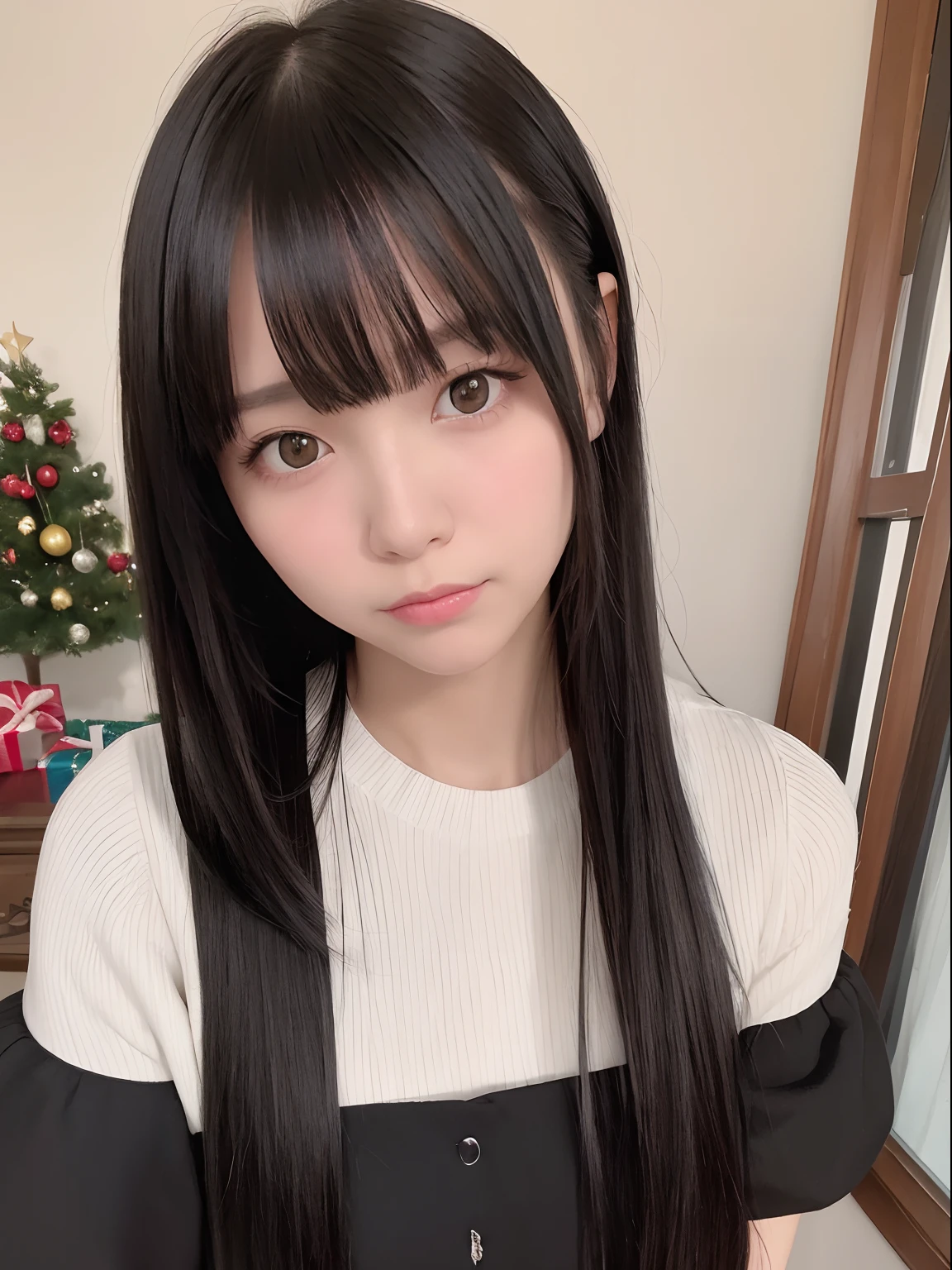 masterpiece, best quality,1girl, solo, black hair, realistic, long hair, black eyes, Christmas crop, bangs, bedroom, soft smile, closed mouth, upper body, hime cut