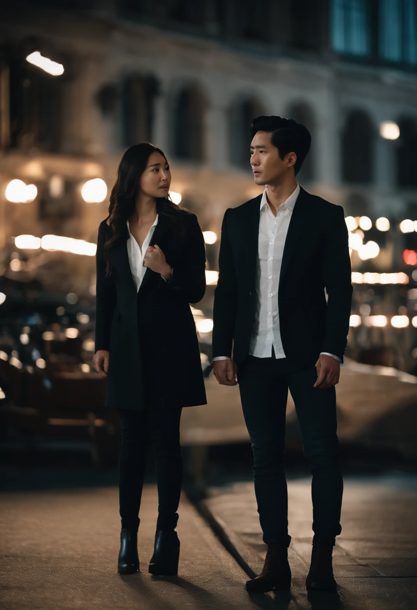 A 30-year-old prosecutor, ember, Korean Man, thick black hair, black suit, white  shirt, black pant. A 26-year-old girl next to her, reporter, Long dark brown hair, Dark jeans, white  shirt, Women's Dark Jacket, Heeled boots. Standing next to a friend