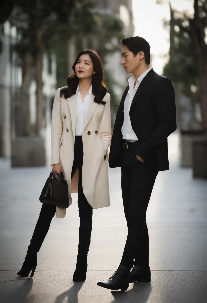 A 30-year-old prosecutor, ember, Korean Man, thick black hair, black suit, white  shirt, black pant. A 26-year-old girl next to her, reporter, Long dark brown hair, Dark jeans, white  shirt, Women's Dark Jacket, Heeled boots. Standing next to a friend