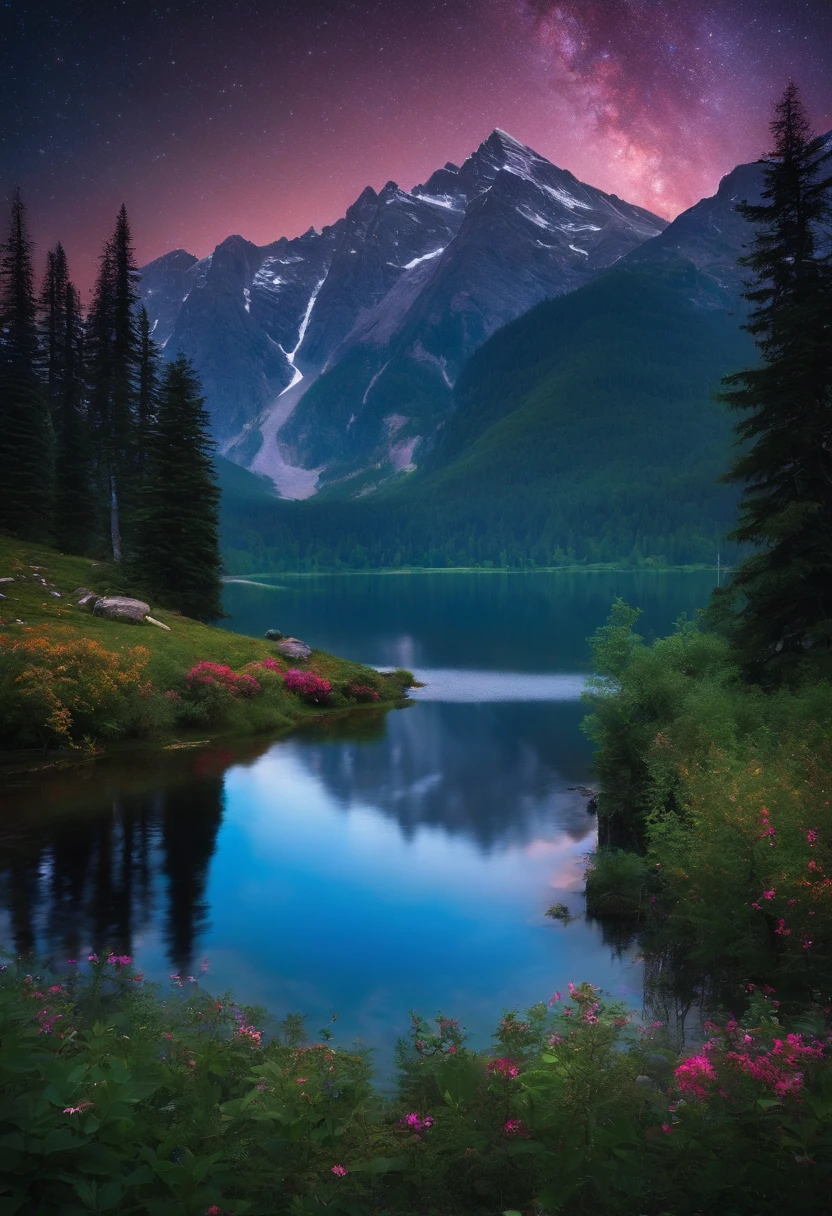 A serene and enchanting landscape, highlighting an imposing mountain in the distance, a tranquil lake, and a lush forest under a starry sky