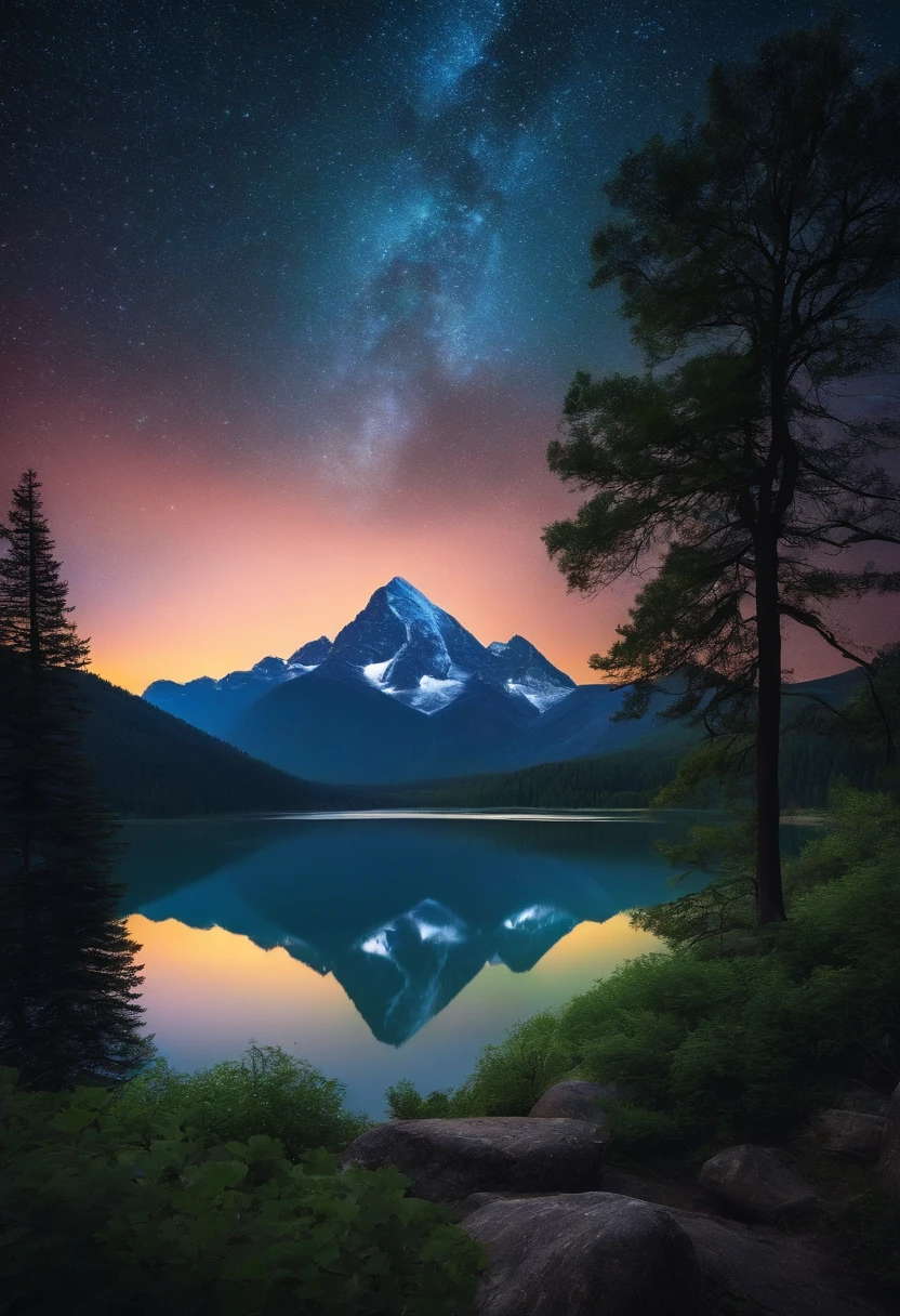A serene and enchanting landscape, highlighting an imposing mountain in the distance, a tranquil lake, and a lush forest under a starry sky